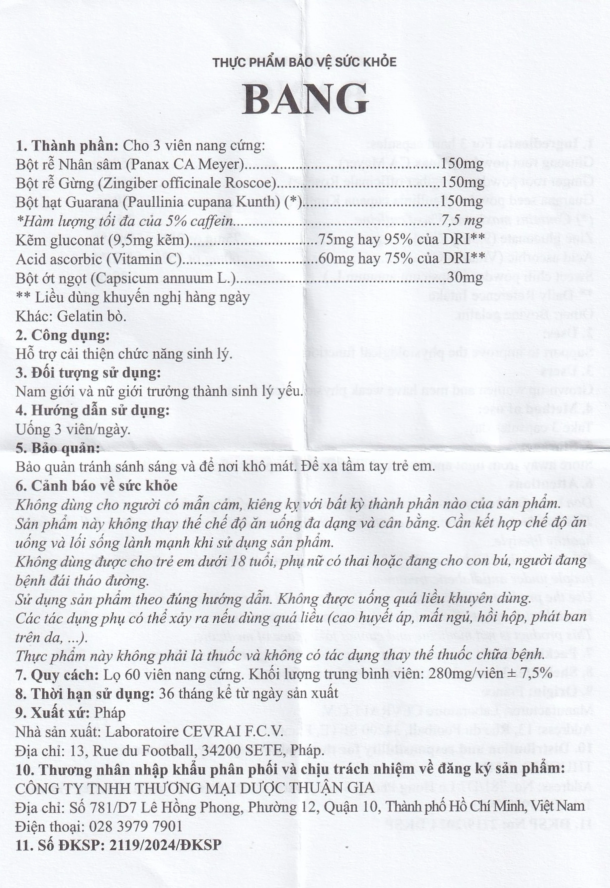Viên nam lực cải thiện chức năng sinh lý cho người trưởng thành Bang Cevrai (60 viên)