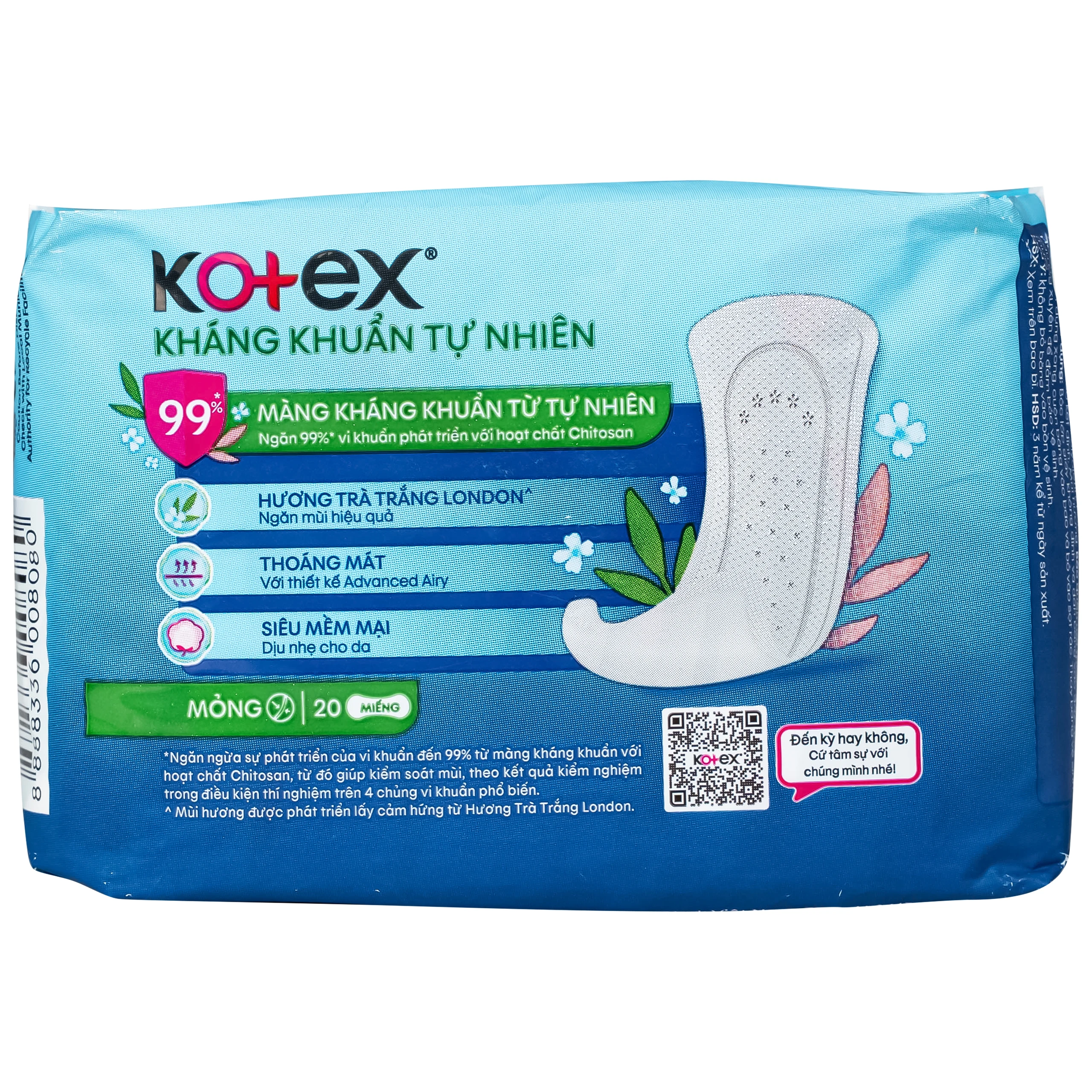 Băng vệ sinh Kotex hàng ngày kháng khuẩn tự nhiên (Gói 20 miếng)