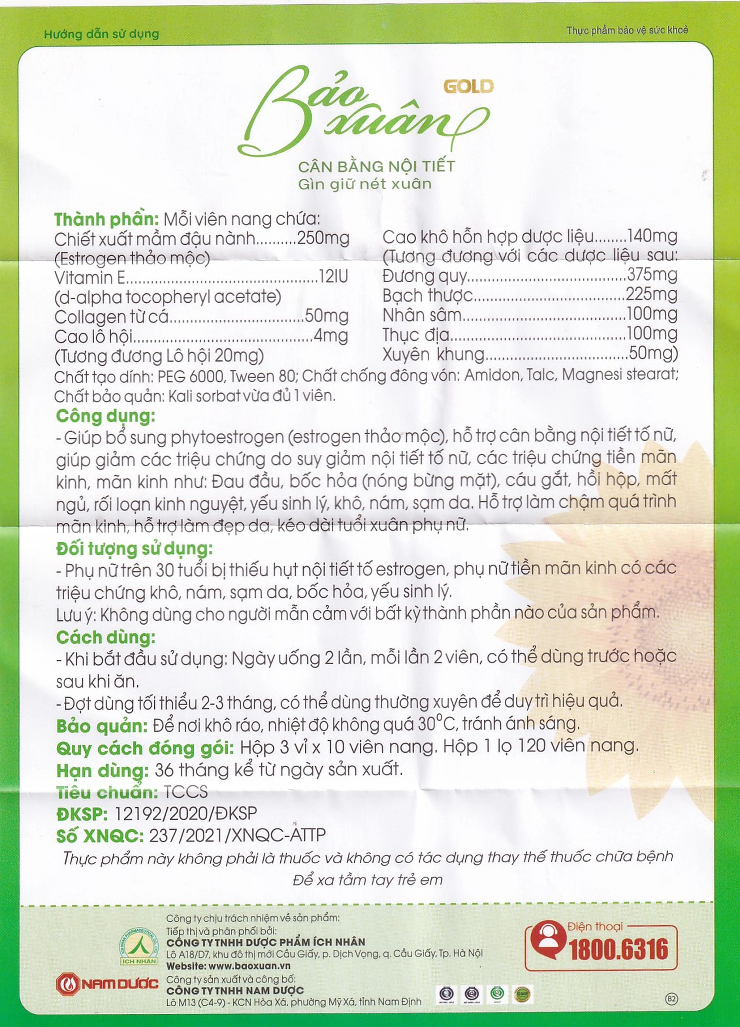 Viên hỗ trợ cân bằng nội tiết tố nữ Bảo Xuân Gold Nam Dược (3 vỉ x 10 viên)
