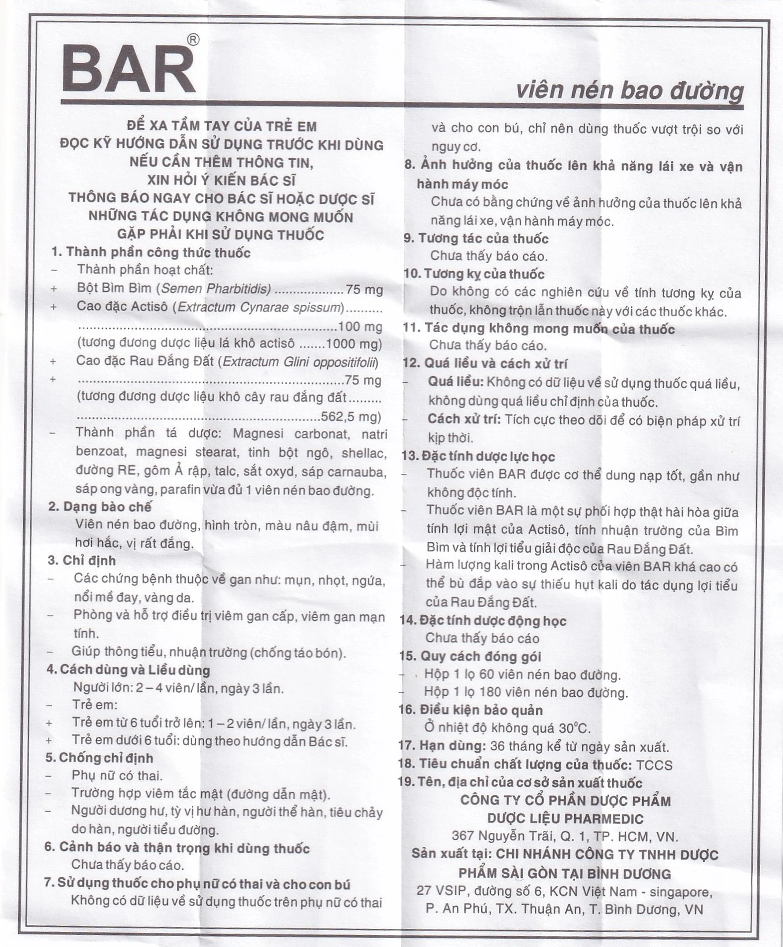 Thuốc lợi gan mật Bar Pharmedic điều trị các bệnh về gan (60 viên)