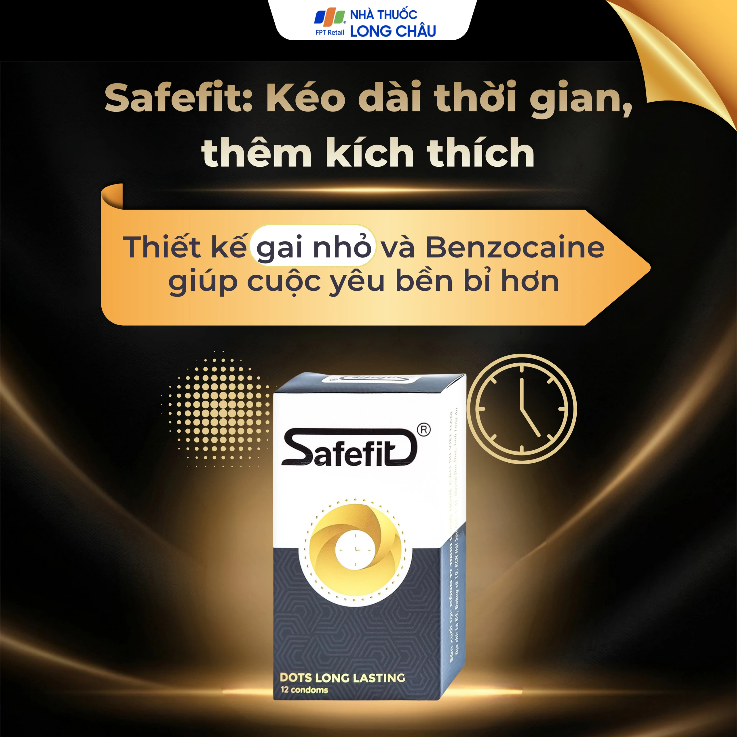 Bao cao su Safefit Dots Long Lasting S52 có vòng gân, hạt nổi, thắt chống tuột (12 cái)