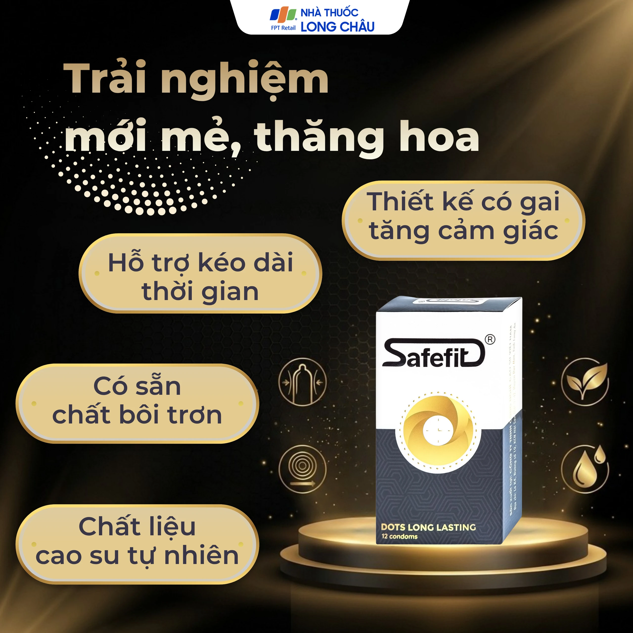 Bao cao su Safefit Dots Long Lasting S52 có vòng gân, hạt nổi, thắt chống tuột (12 cái)