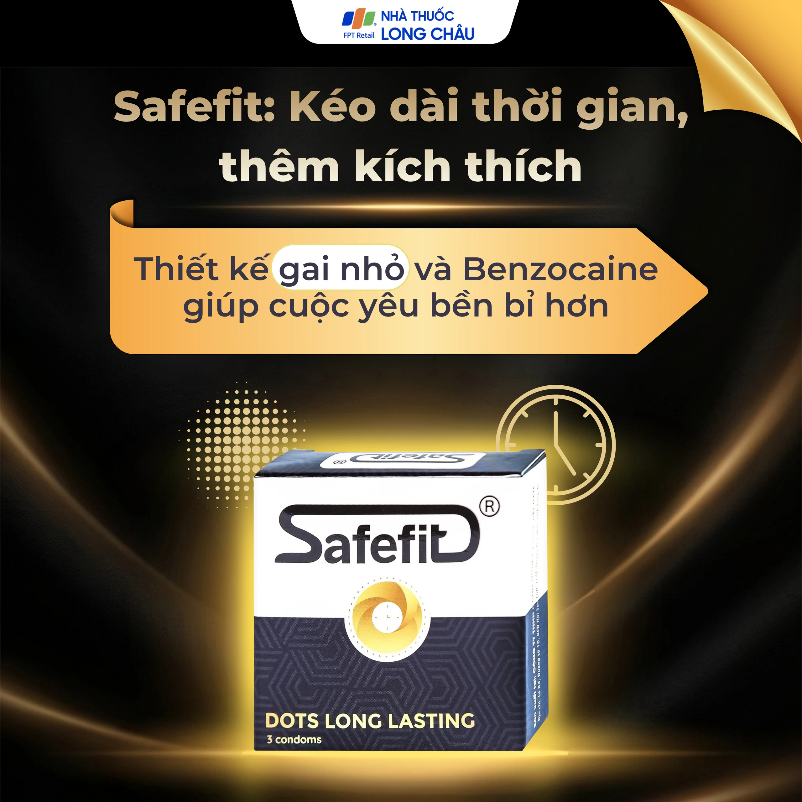 Bao cao su Safefit Dots Long Lasting S52 có vòng gân, hạt nổi, thắt chống tuột (3 cái)