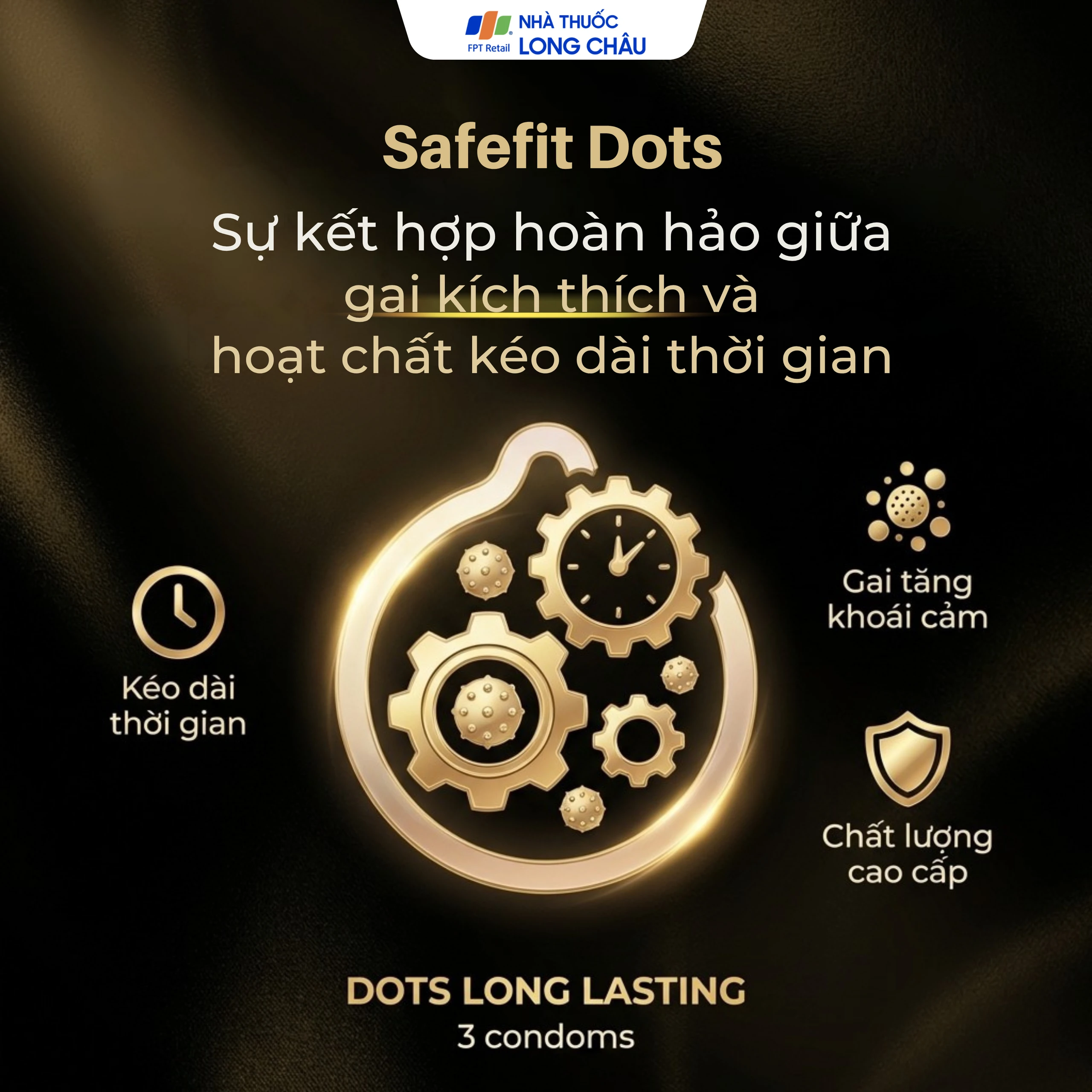 Bao cao su Safefit Dots Long Lasting S52 có vòng gân, hạt nổi, thắt chống tuột (3 cái)