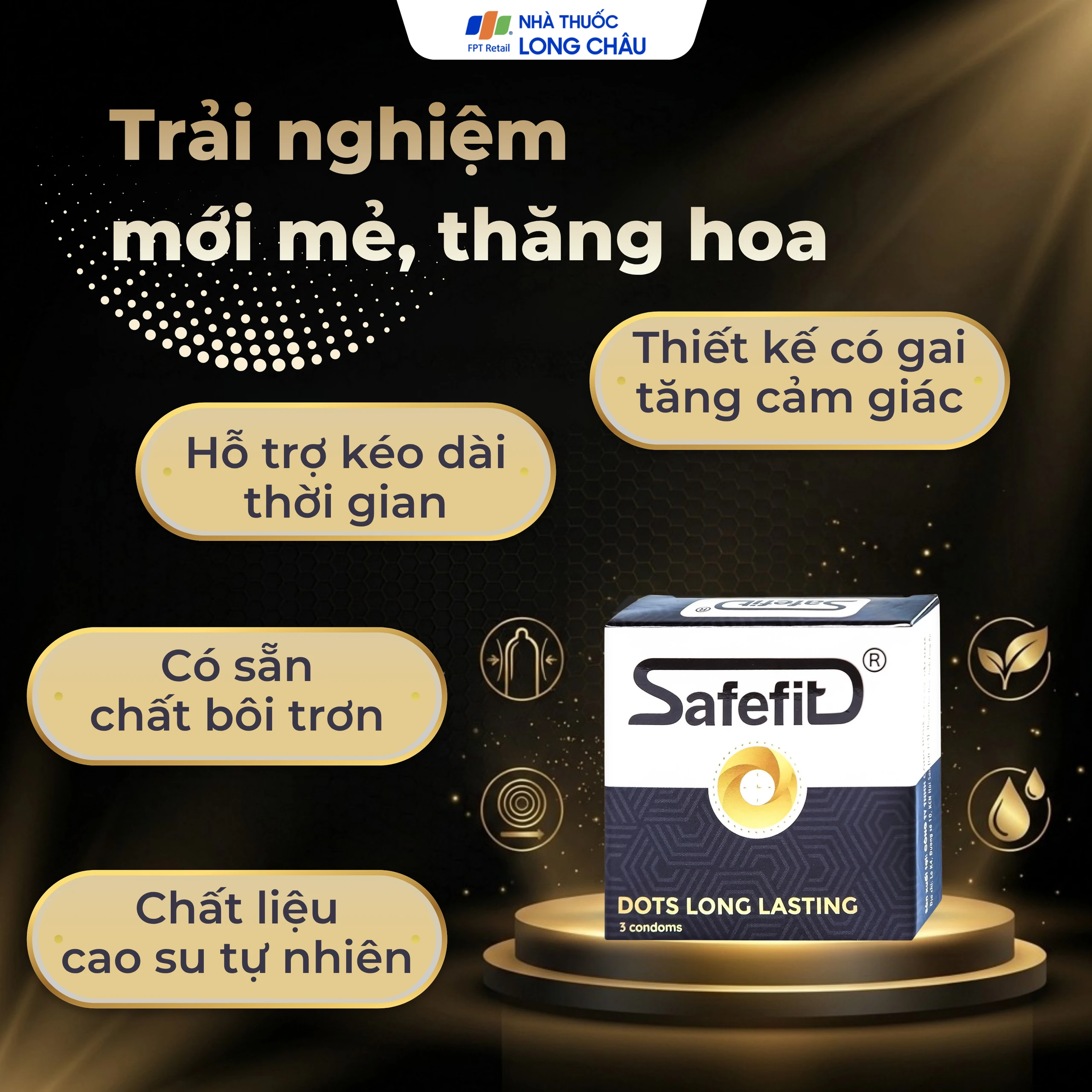 Bao cao su Safefit Dots Long Lasting S52 có vòng gân, hạt nổi, thắt chống tuột (3 cái)