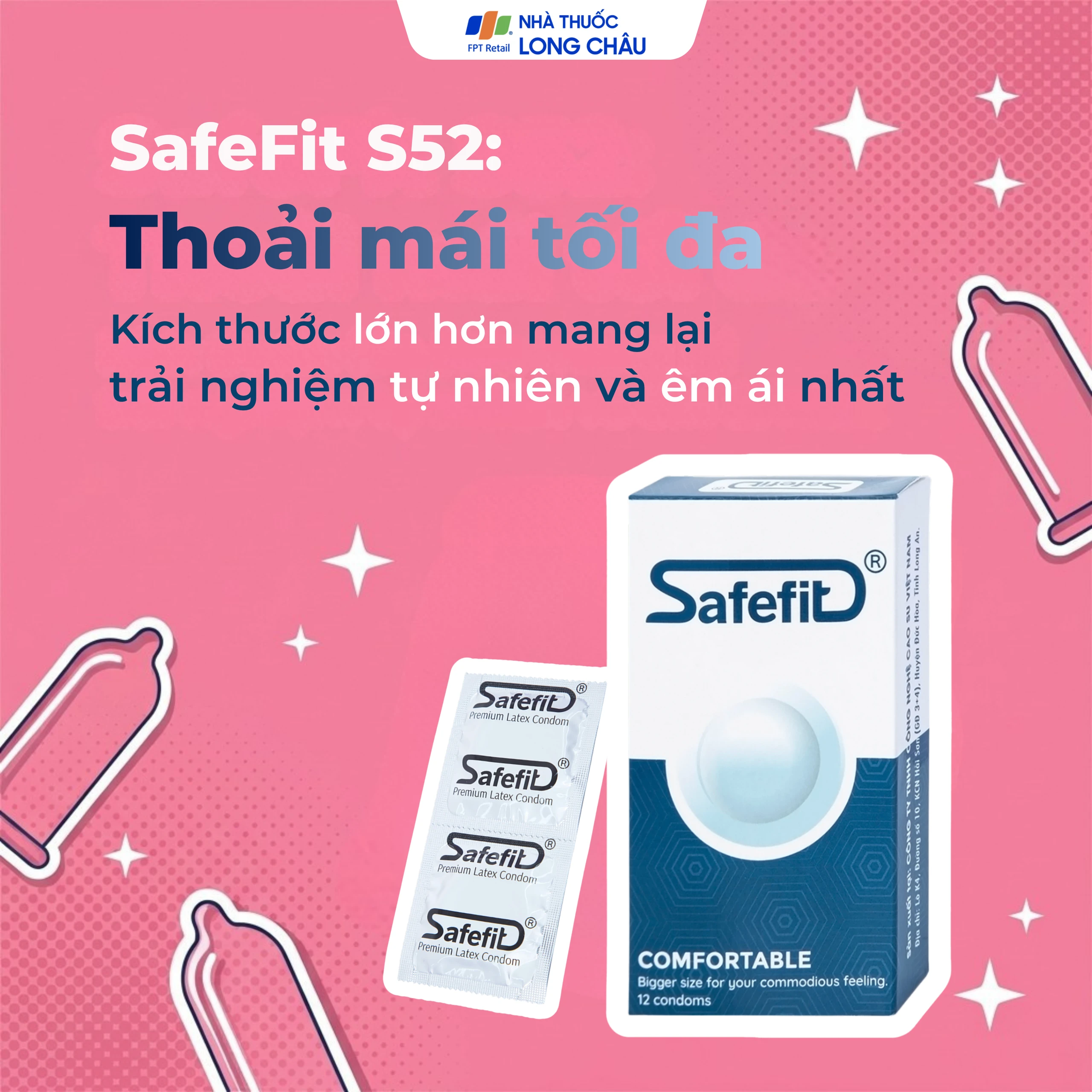 Bao cao su Safefit Comfortable S52 không mùi khó chịu, độ bền cao, khả năng co giãn tốt, chất bôi trơn (12 cái)
