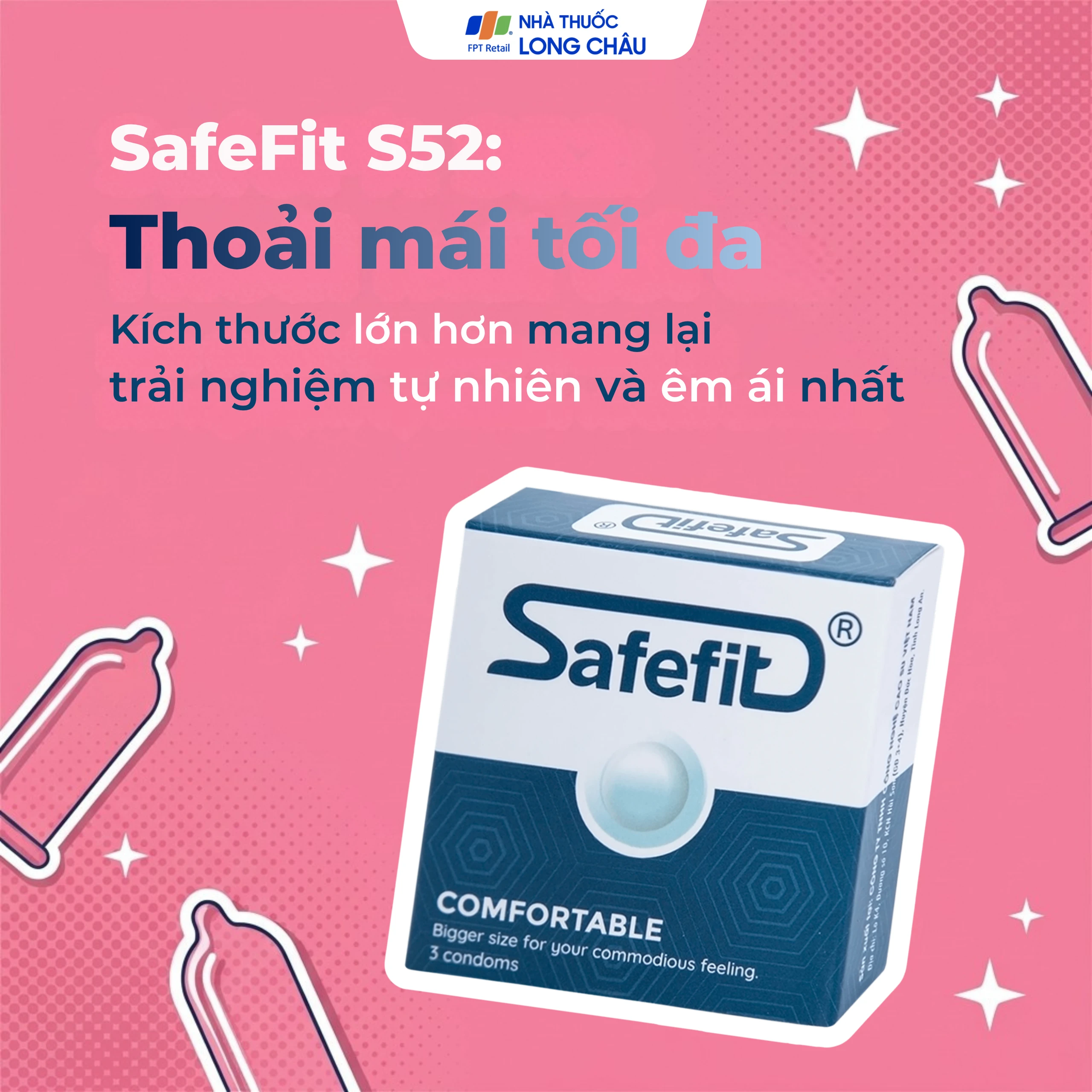 Bao cao su Safefit Comfortable S52 không mùi khó chịu, độ bền cao, khả năng co giãn tốt, chất bôi trơn (3 cái)