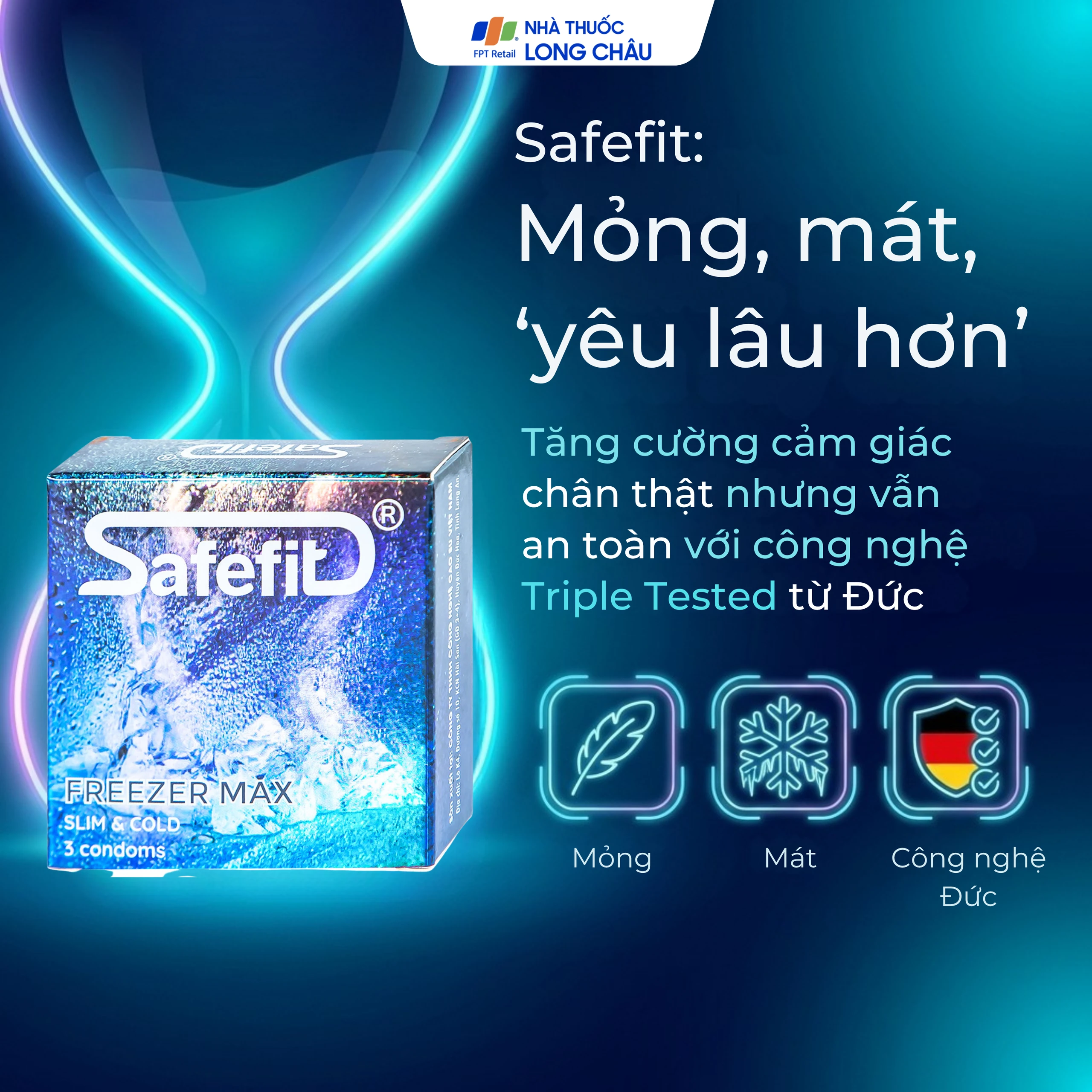 Bao cao su Safefit Freezer Max S52 chứa nhiều gel làm mát, kéo dài thời gian quan hệ (3 cái)