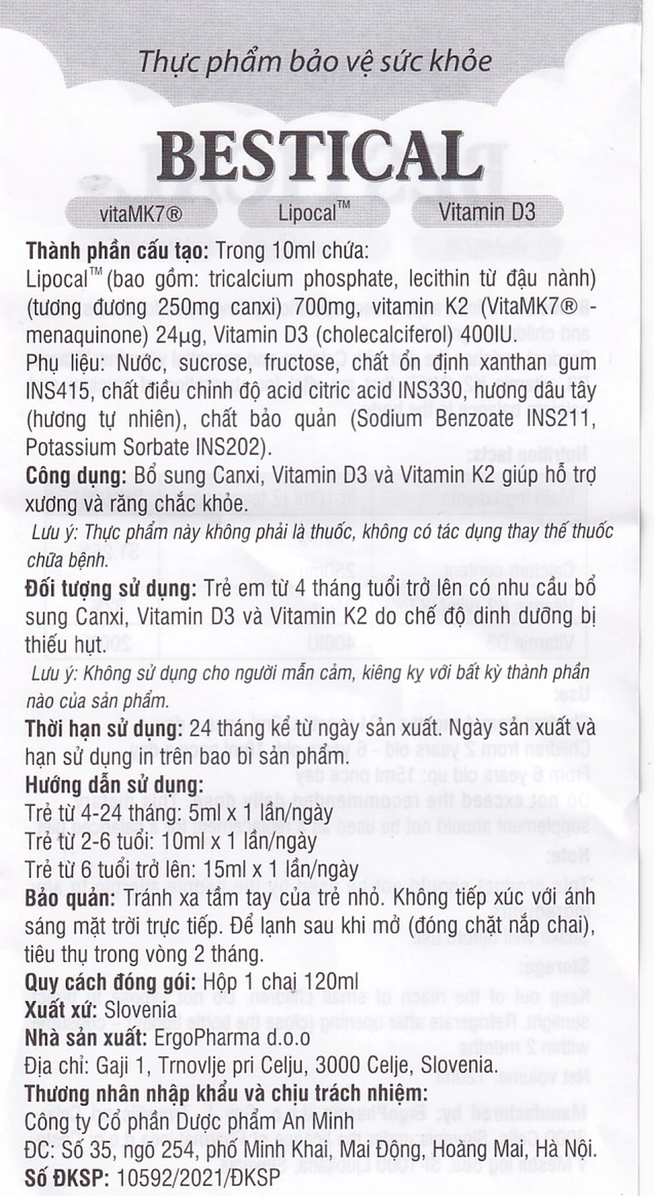 Siro giúp hỗ trợ xương và răng chắc khỏe Bestical Ergopharma (120ml)