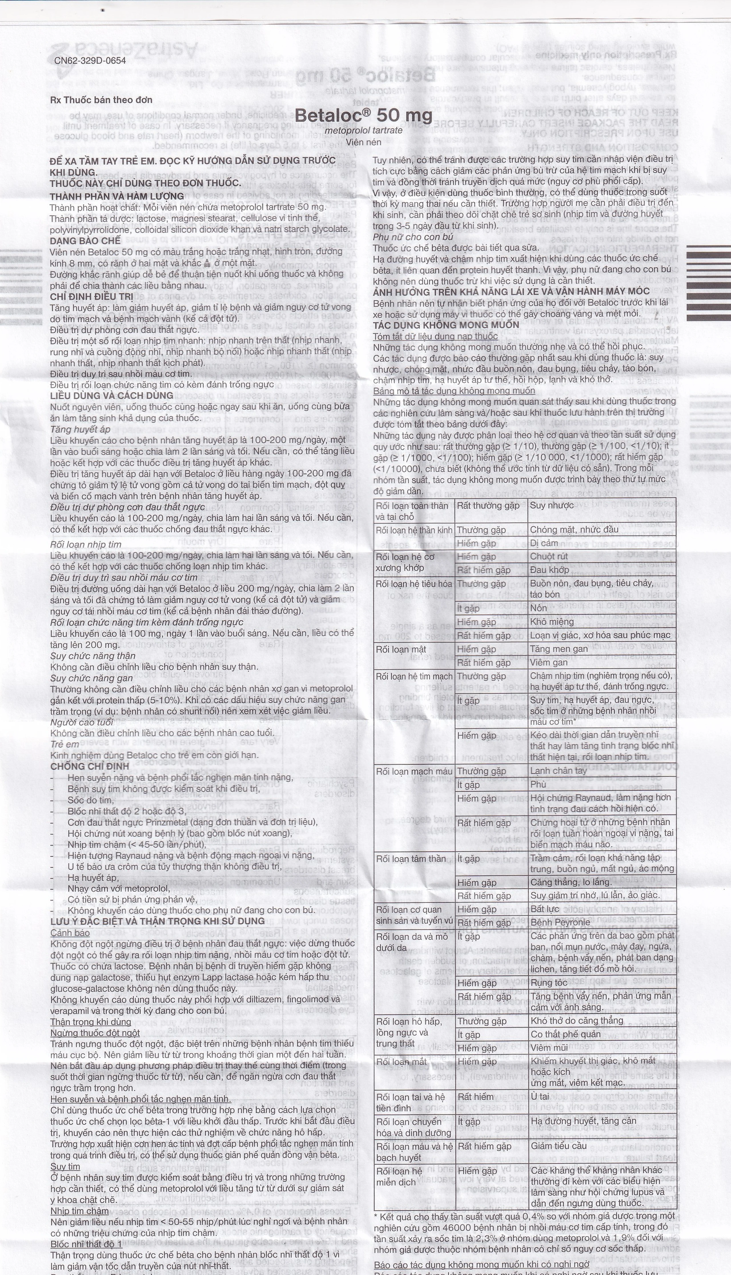 Thuốc Betaloc 50mg AstraZeneca điều trị tăng huyết áp, dự phòng đau thắt ngực (3 vỉ x 20 viên) 