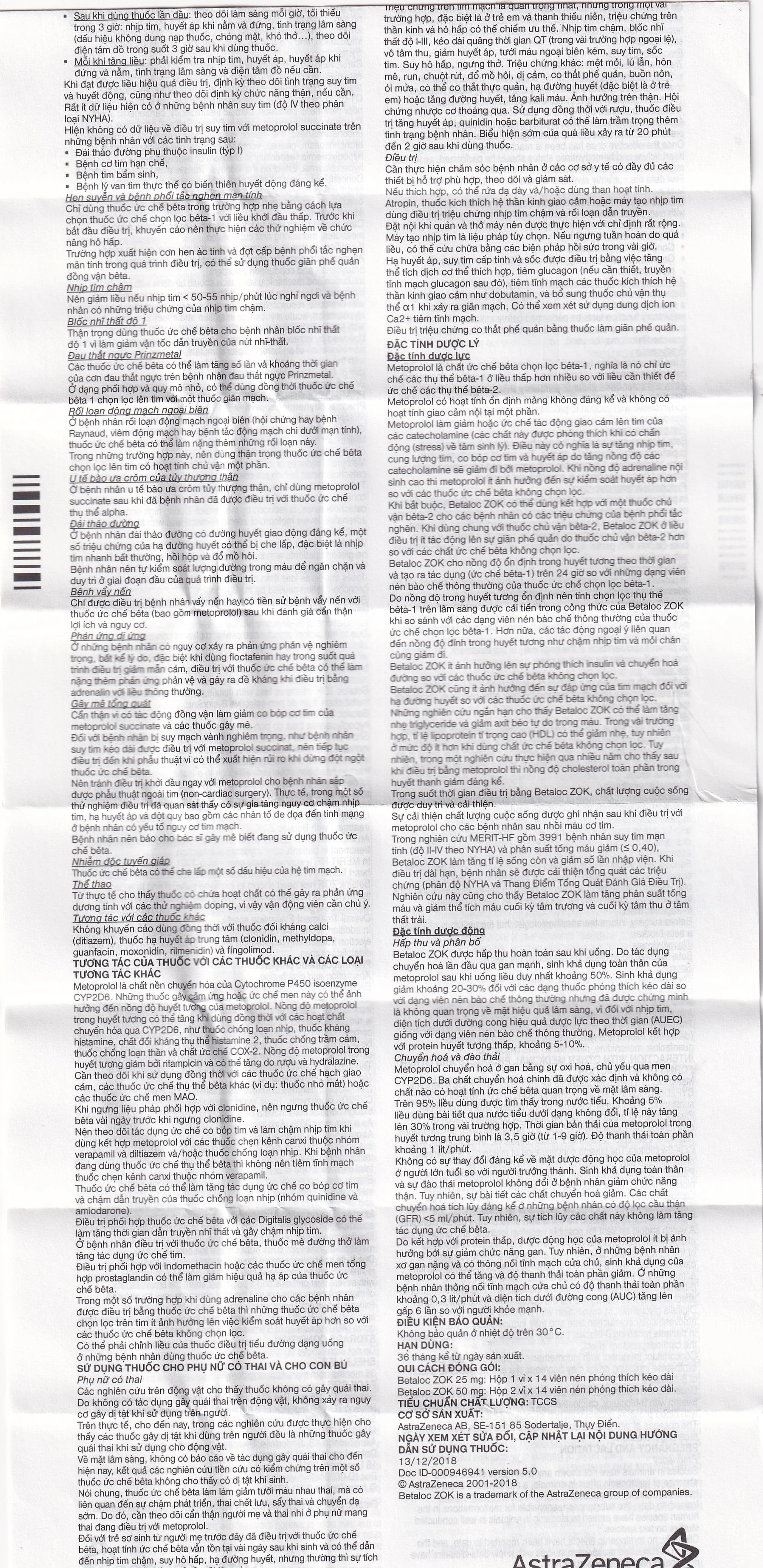 Thuốc Betaloc Zok 25mg AstraZeneca điều trị tăng huyết áp (1 vỉ x 14 viên)