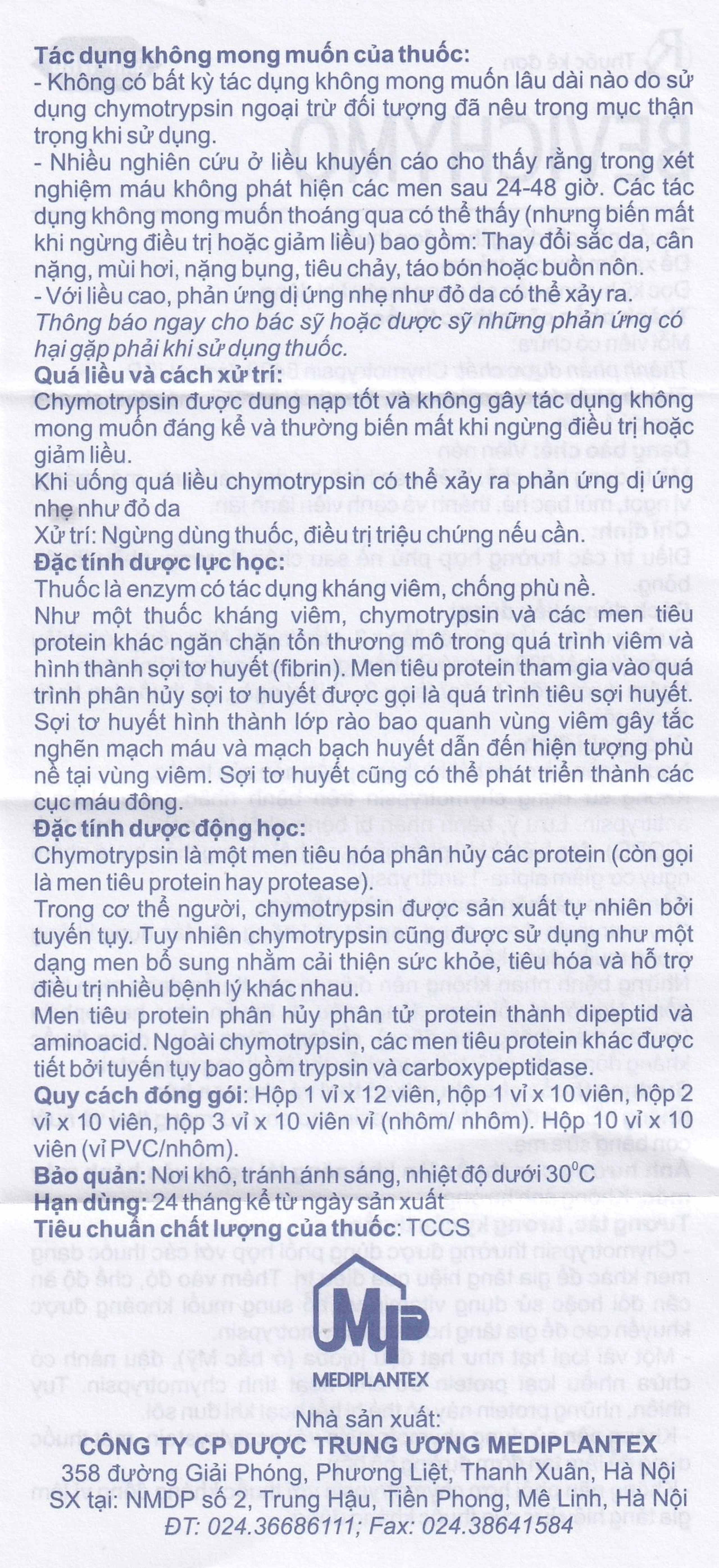 Thuốc Bevichymo Chymotrypsin 8400 USP Mediplantex điều trị các trường hợp phù nề sau chấn thương, phẫu thuật, bỏng (1 vỉ x 12 viên)