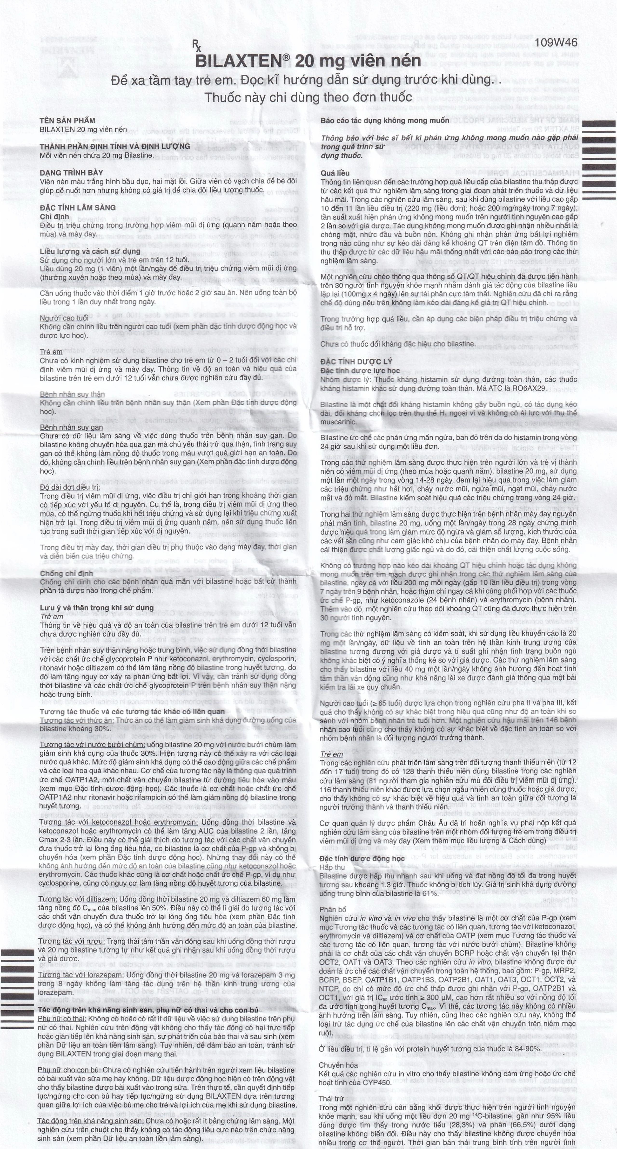 Thuốc Bilaxten 20mg Menarini điều trị viêm mũi dị ứng quanh năm hoặc theo mùa và mày đay (5 vỉ x 10 viên)