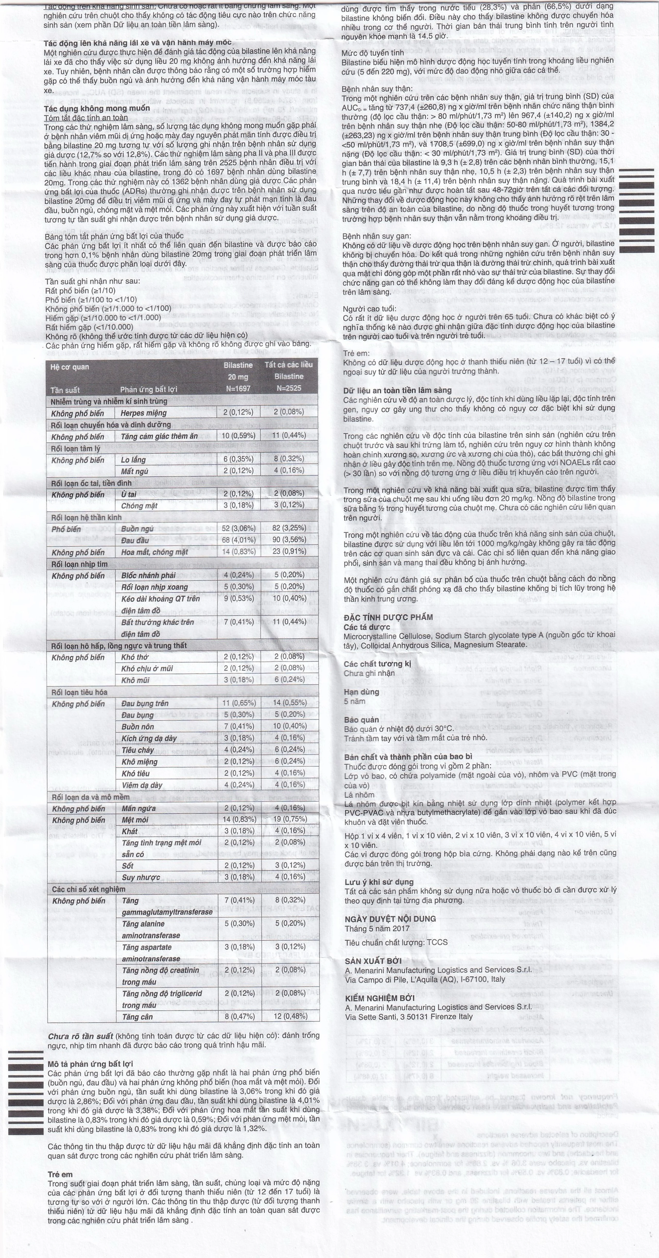 Thuốc Bilaxten 20mg Menarini điều trị viêm mũi dị ứng quanh năm hoặc theo mùa và mày đay (5 vỉ x 10 viên)