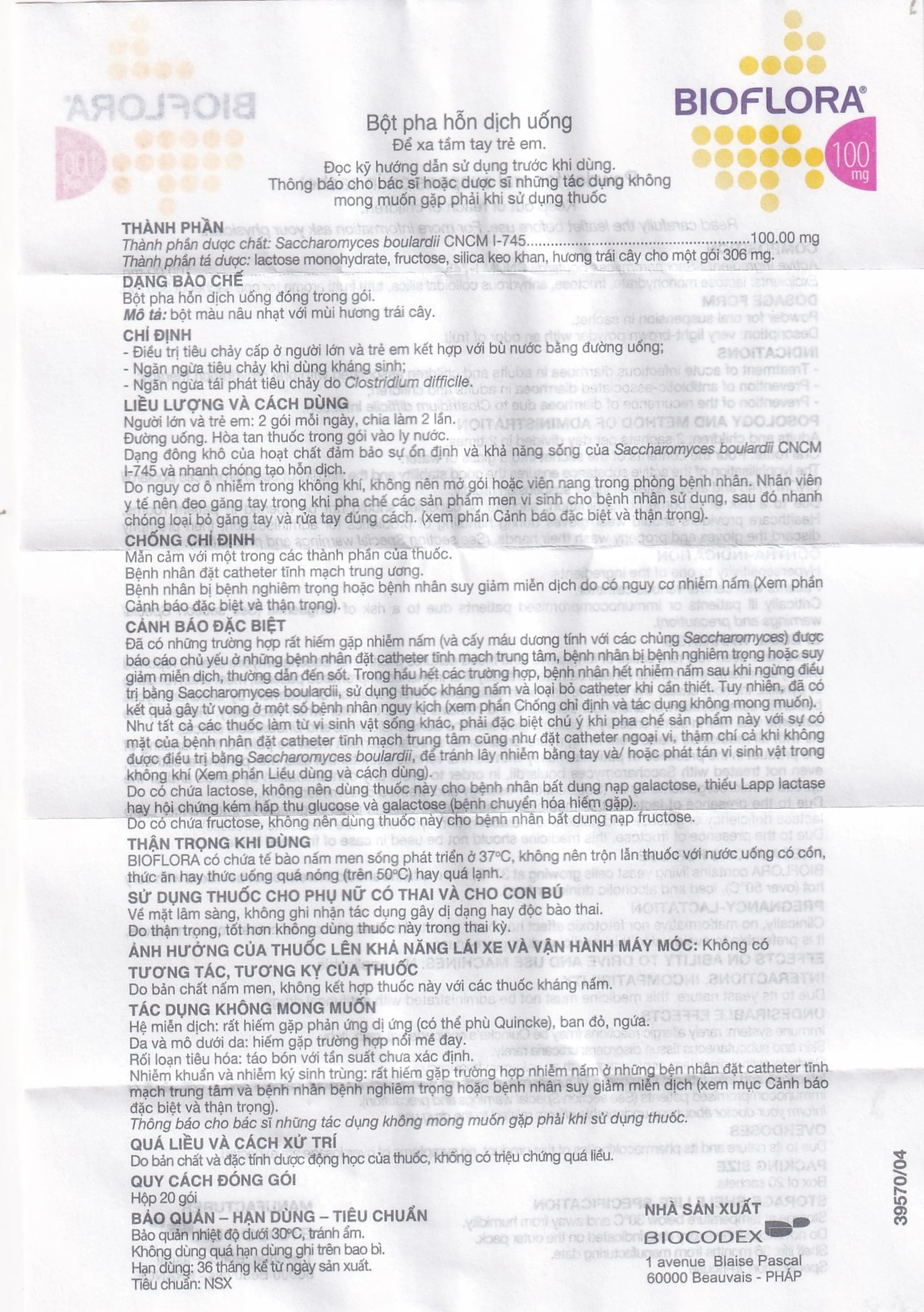 Bột Bioflora 100mg Biocodex điều trị tiêu chảy (20 gói)