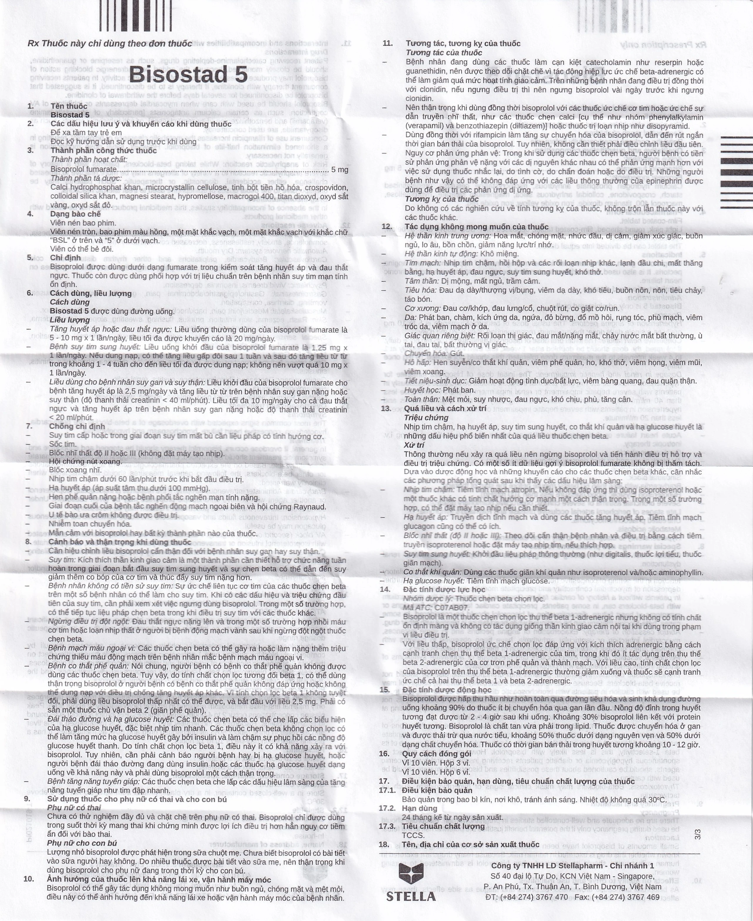 Thuốc Bisostad 5 Stella điều trị tăng huyết áp và đau thắt ngực (3 vỉ x 10 viên)