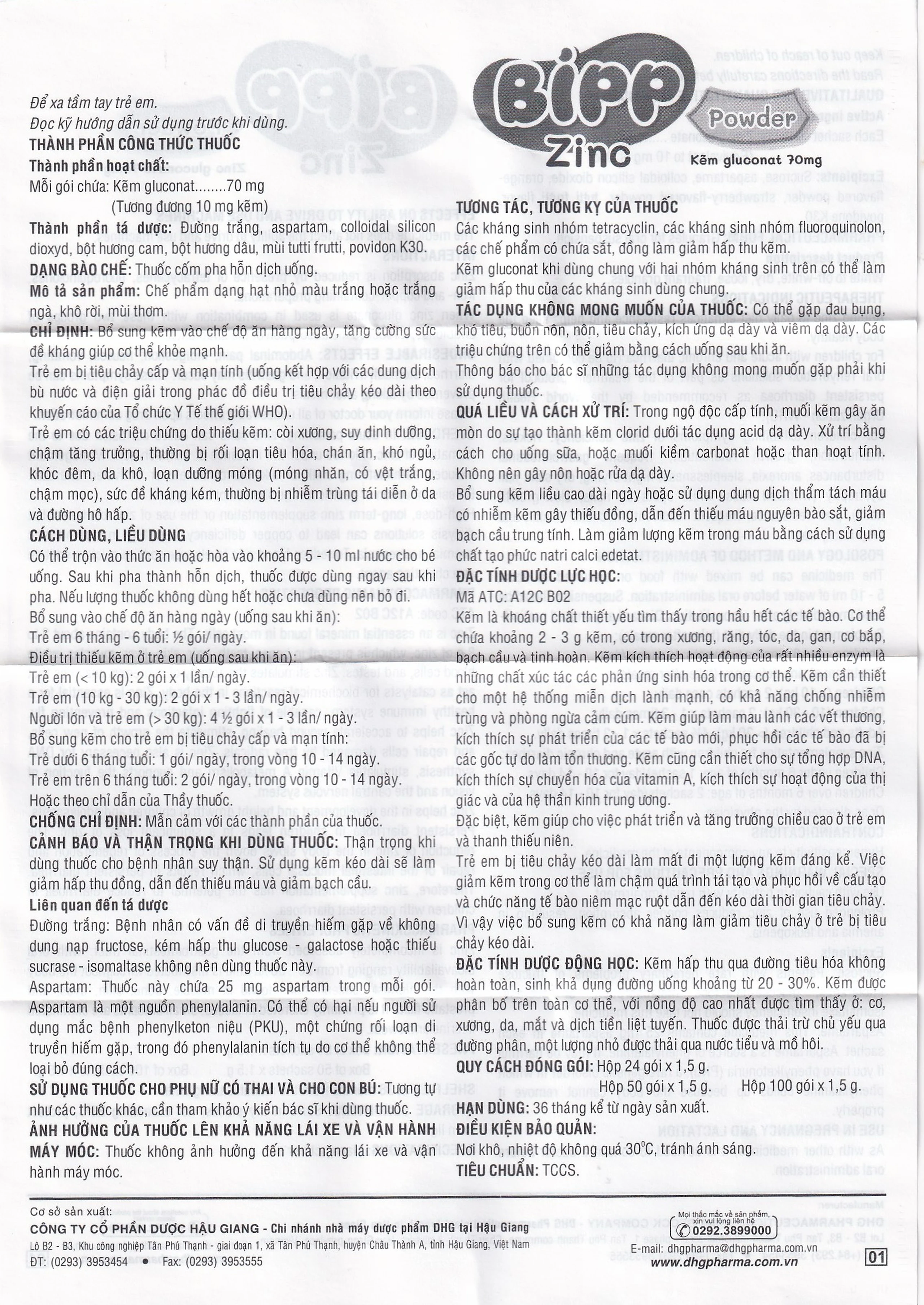 Thuốc Bipp zinc powder 70mg DHG giúp bổ sung kẽm, tăng cường sức để kháng cho trẻ em (24 gói x 1.5g)