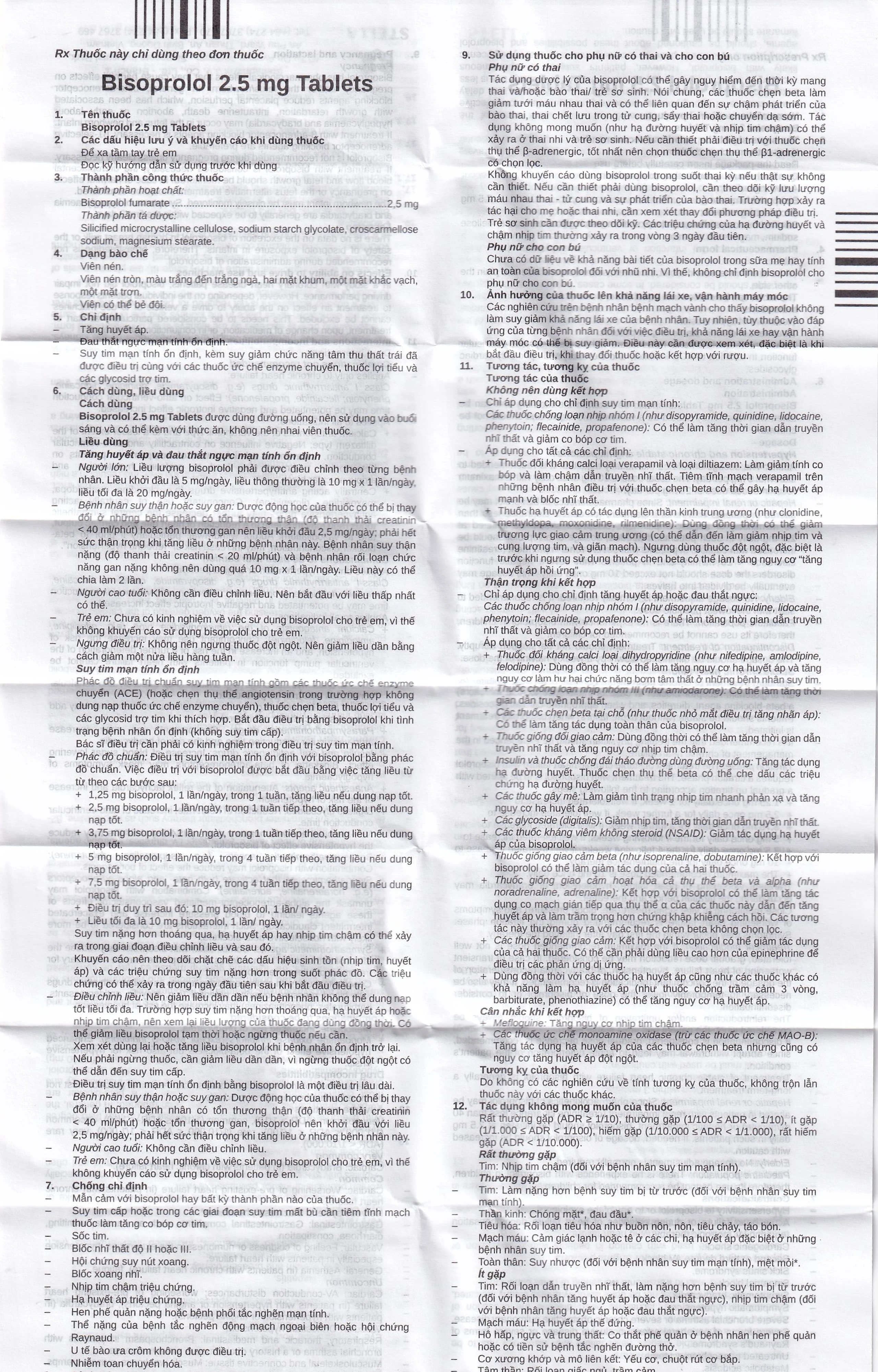 Thuốc Bisoprolol 2.5mg Tablets Stella điều trị tăng huyết áp, đau thắt ngực mạn tính ổn định (3 vỉ x 10 viên)