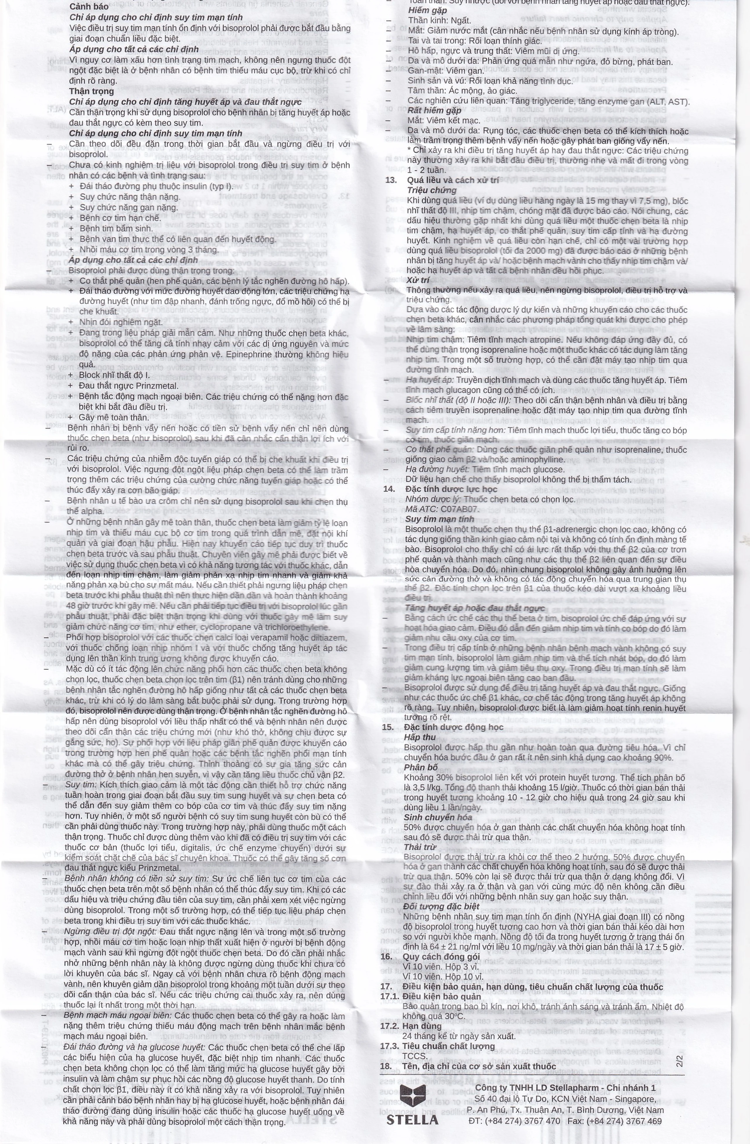 Thuốc Bisoprolol 2.5mg Tablets Stella điều trị tăng huyết áp, đau thắt ngực mạn tính ổn định (3 vỉ x 10 viên)