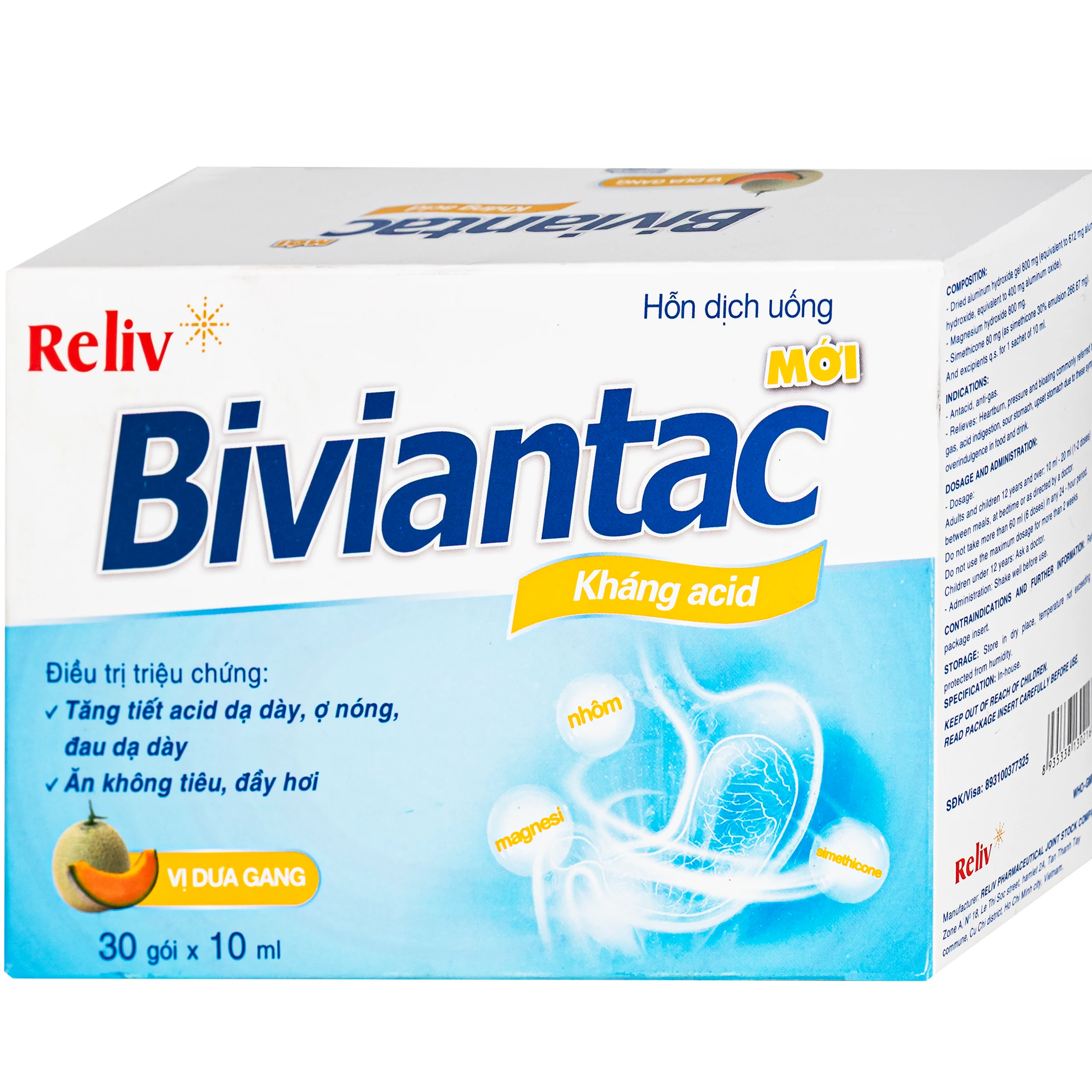 Hỗn dịch uống Biviantac kháng acid vị dưa gang Reliv (30 gói x 10ml) 2