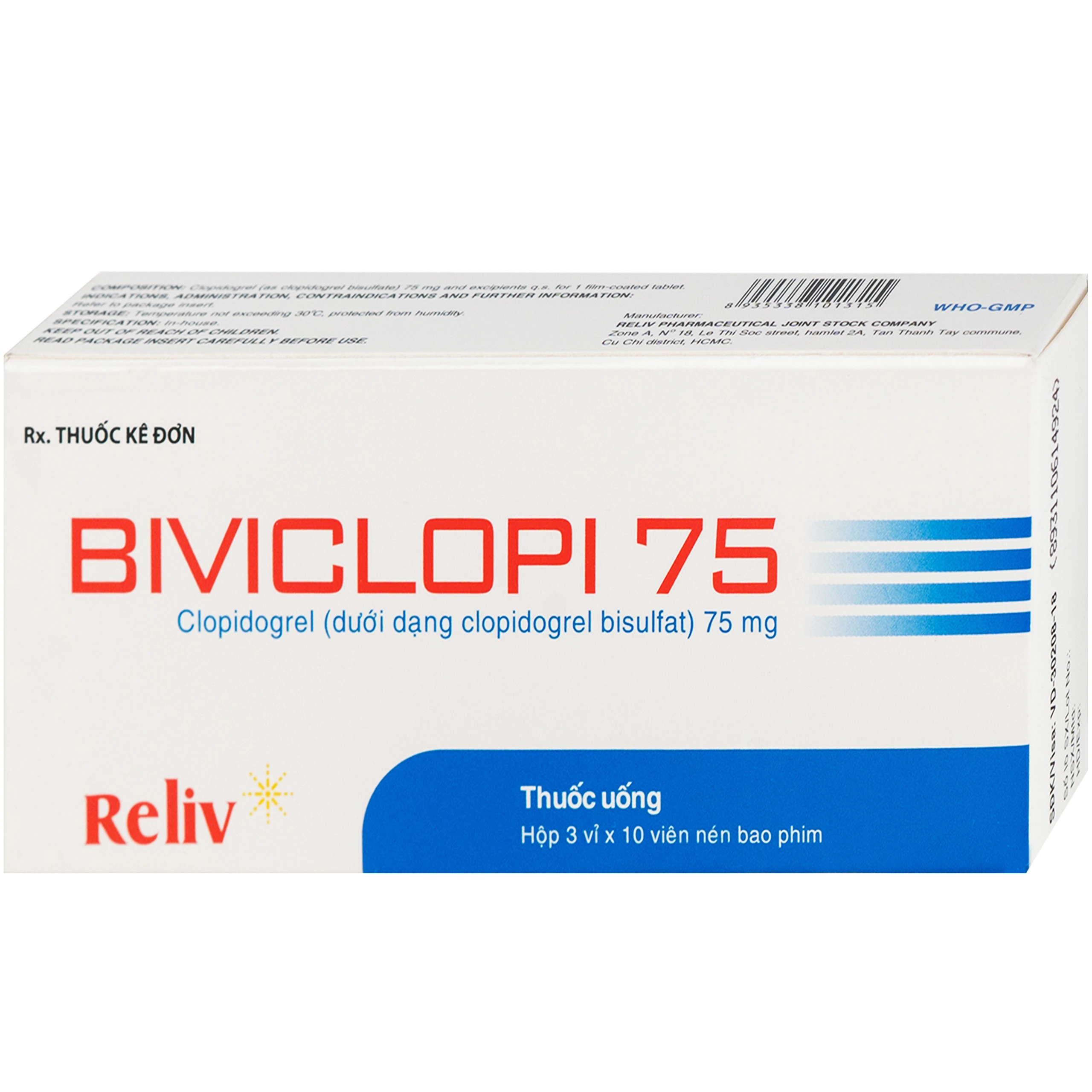 Thuốc Biviclopi 75mg Reliv chỉ định để dự phòng và giảm nguy cơ xuất hiện các biến cố do xơ vữa động mạch hoặc thuyên tắc huyết khối (3 vỉ x 10 viên) 2