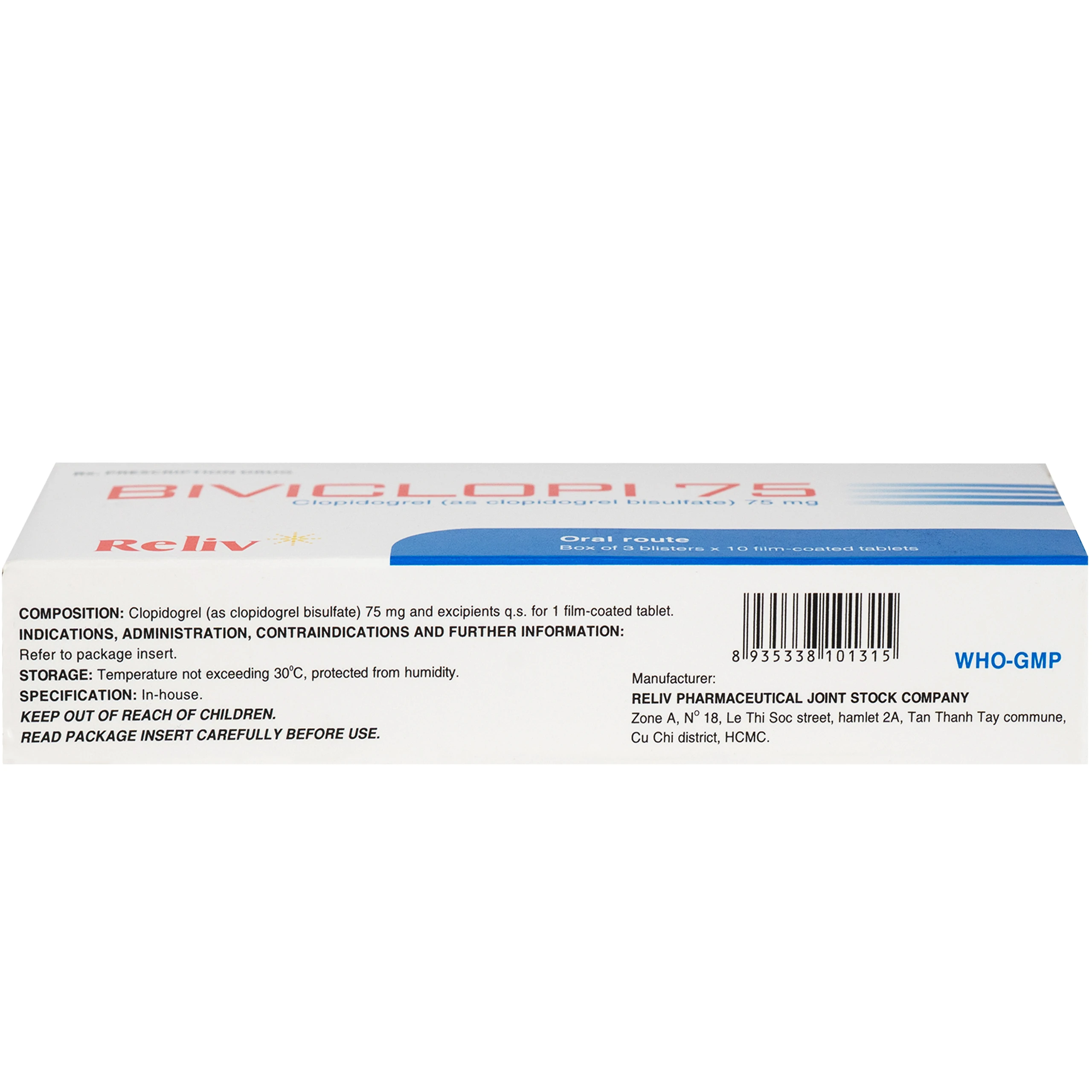 Thuốc Biviclopi 75mg Reliv chỉ định để dự phòng và giảm nguy cơ xuất hiện các biến cố do xơ vữa động mạch hoặc thuyên tắc huyết khối (3 vỉ x 10 viên) 3