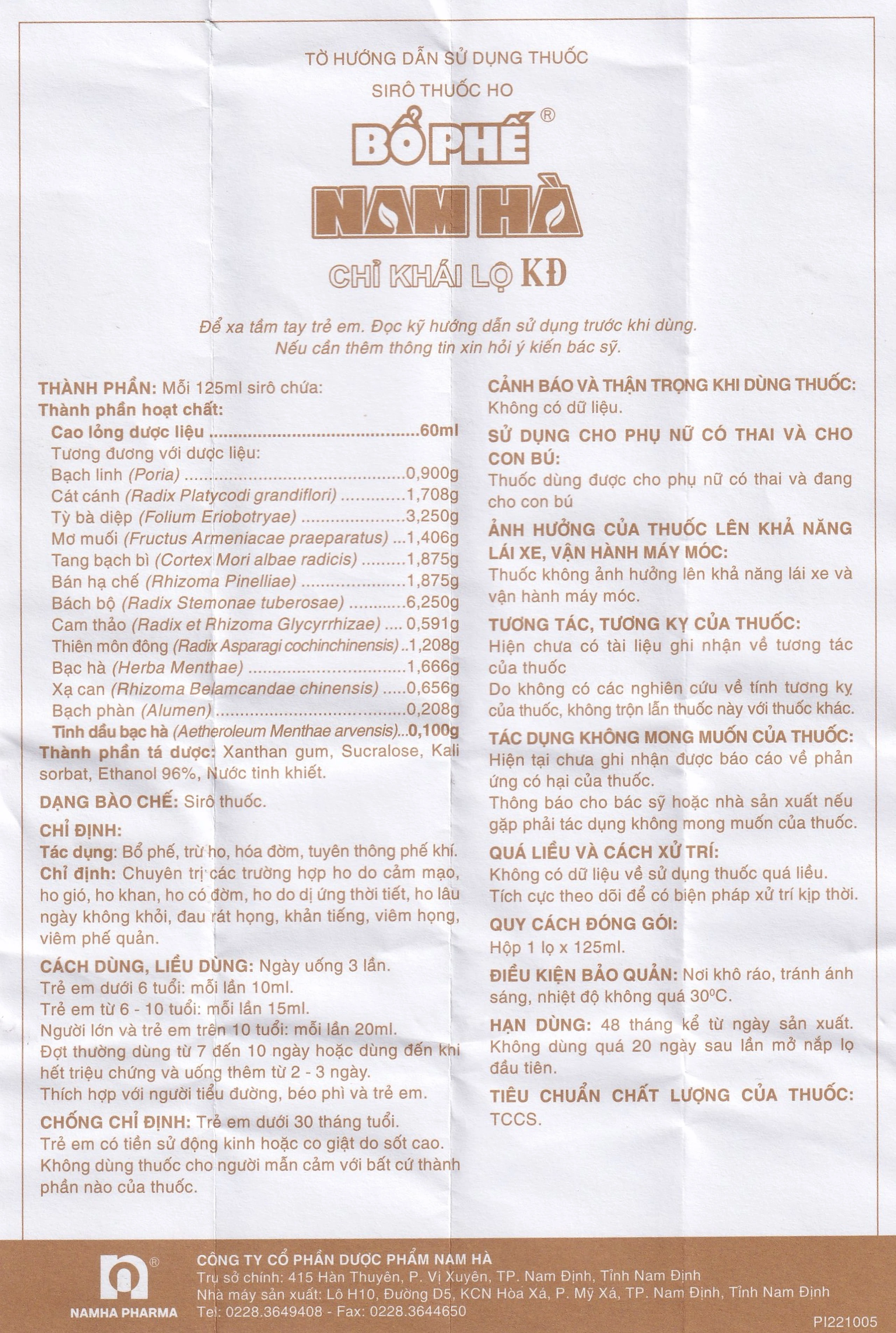 Siro thuốc ho Bổ Phế Nam Hà Chỉ Khái Lộ KĐ chuyên trị ho do cảm mạo, ho gió, ho khan, ho có đờm (125ml)