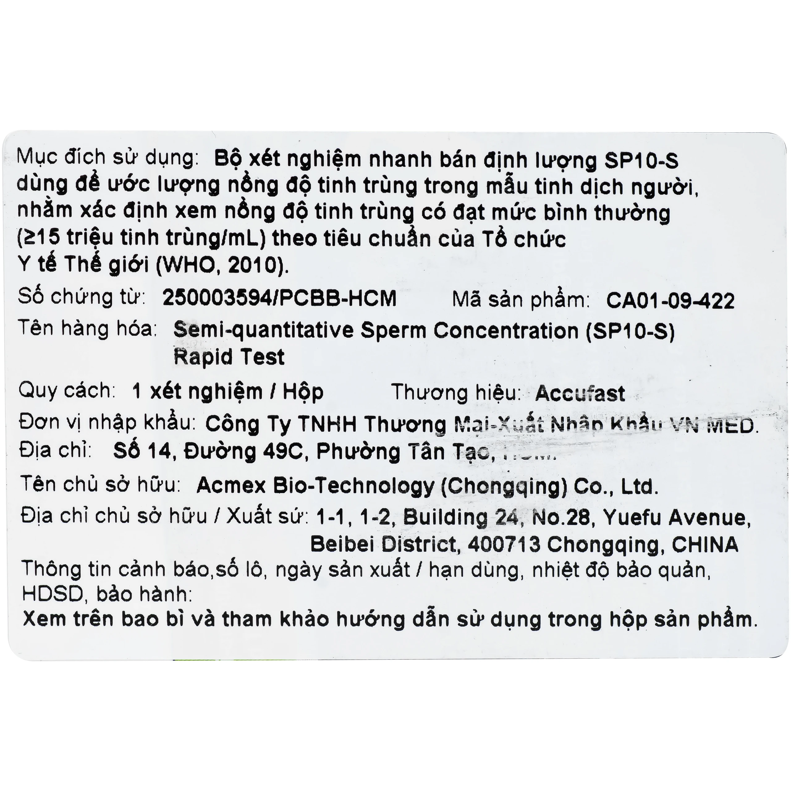 Bộ xét nghiệm nhanh bán định lượng sp10-s cho nồng độ tinh trùng nam giới Accufast (1 kít) 8