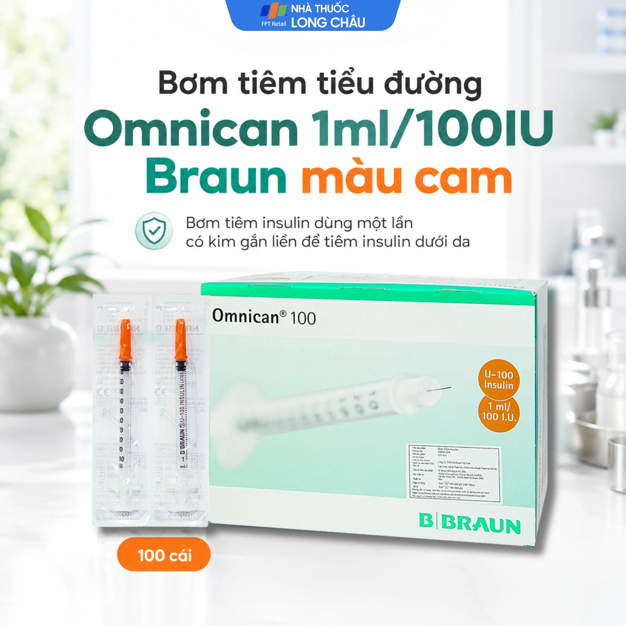 Bơm tiêm tiểu đường Omnican 1ml/100iu Braun màu cam (100 cái) 2