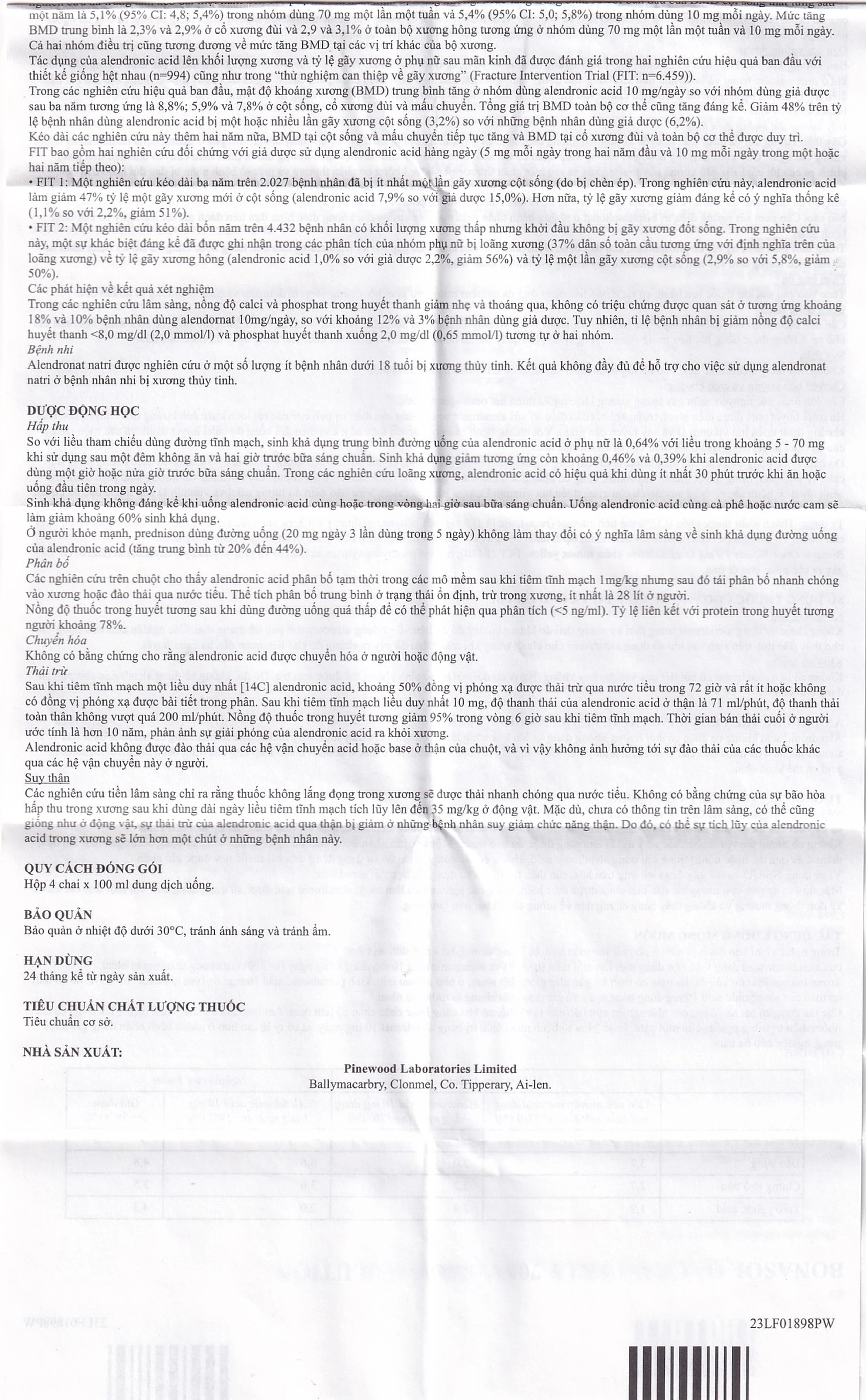 Dung dịch uống Bonasol Once Weekly 70mg Oral Solution Pinewood điều trị loãng xương (4 chai x 100 ml)