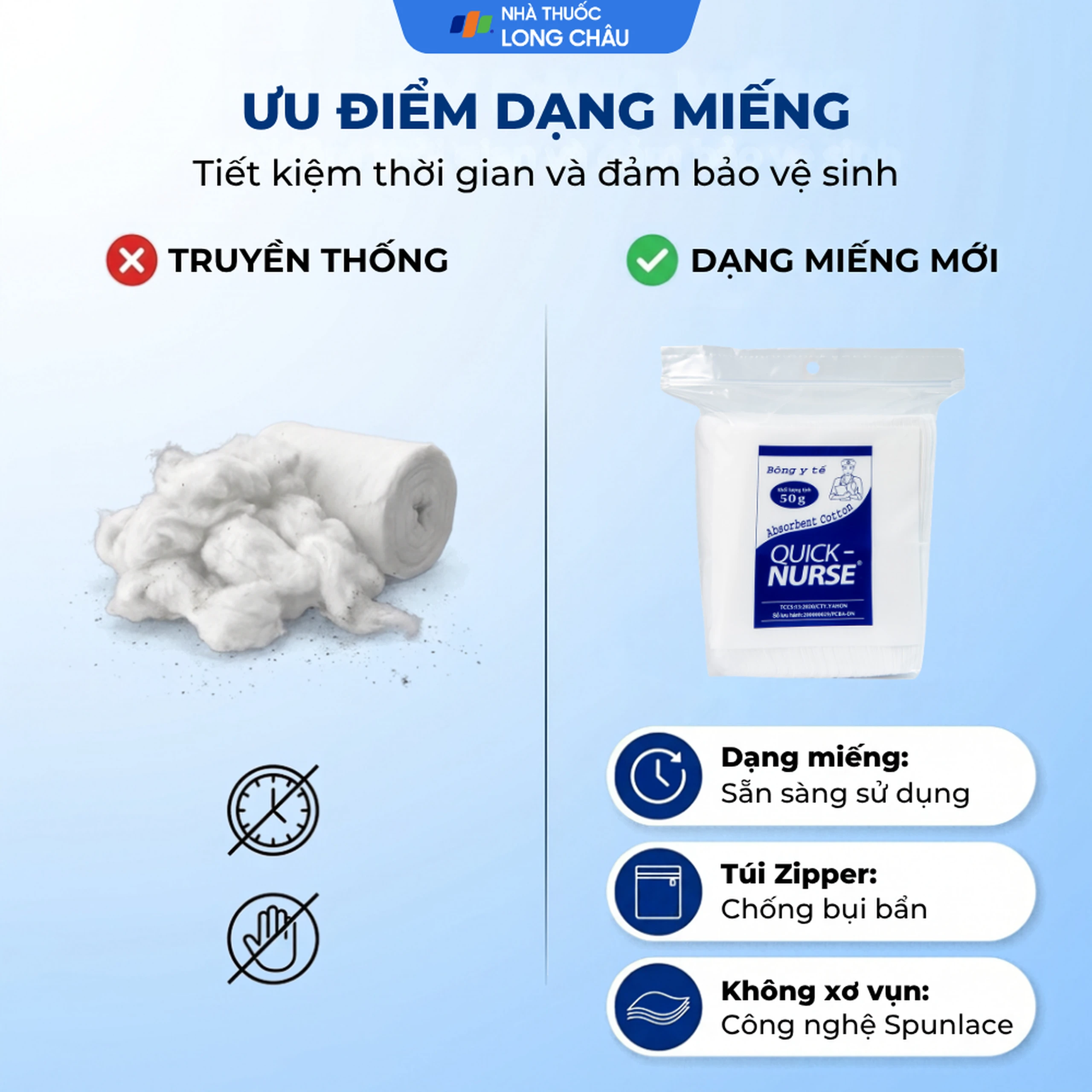 Bông gòn cắt miếng Quick Nurse 6x6 50g dùng cho vết thương ngoài da, sát trùng, vệ sinh 2