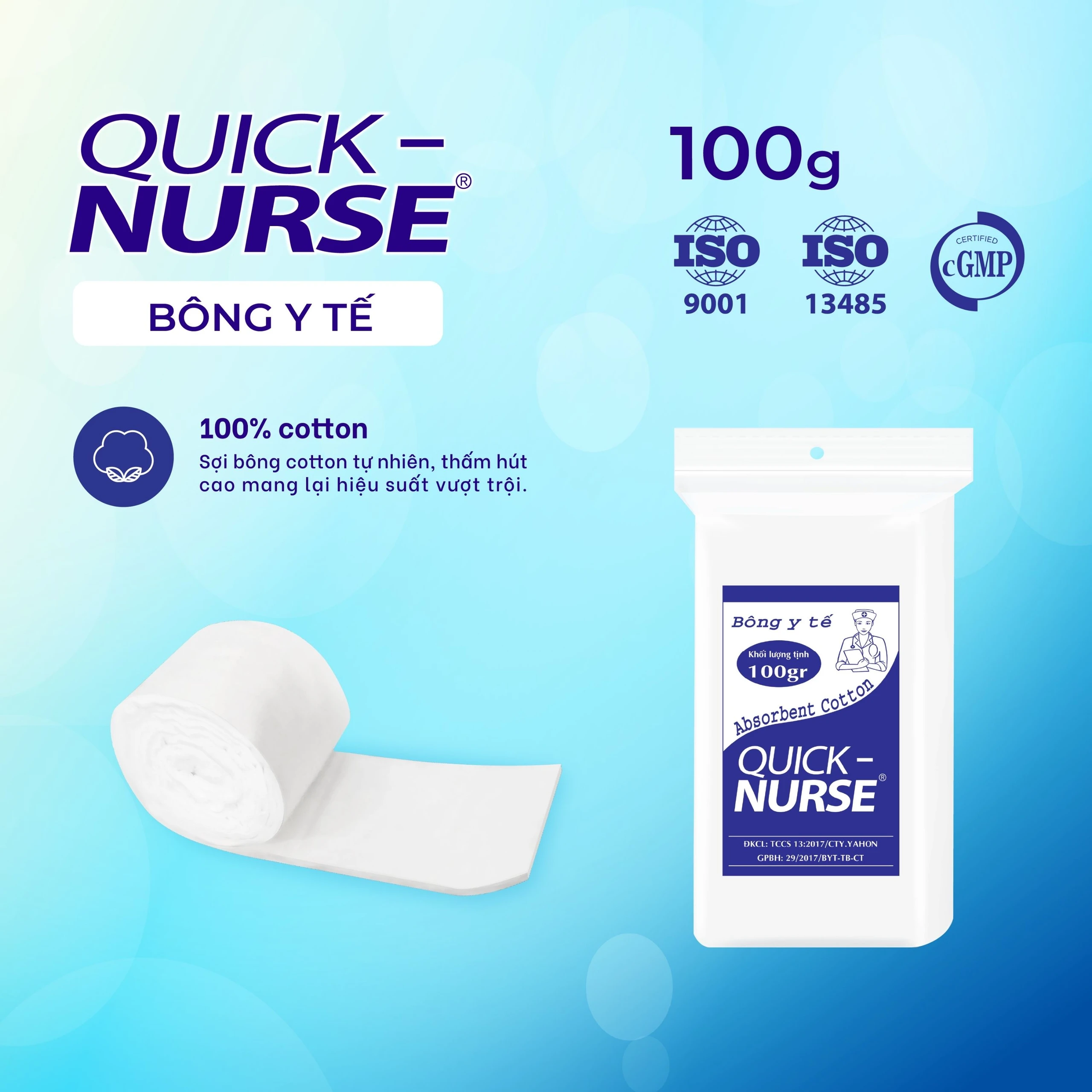 Bông gòn Quick Nurse 100g dùng cho vết thương ngoài da, sát trùng, vệ sinh 