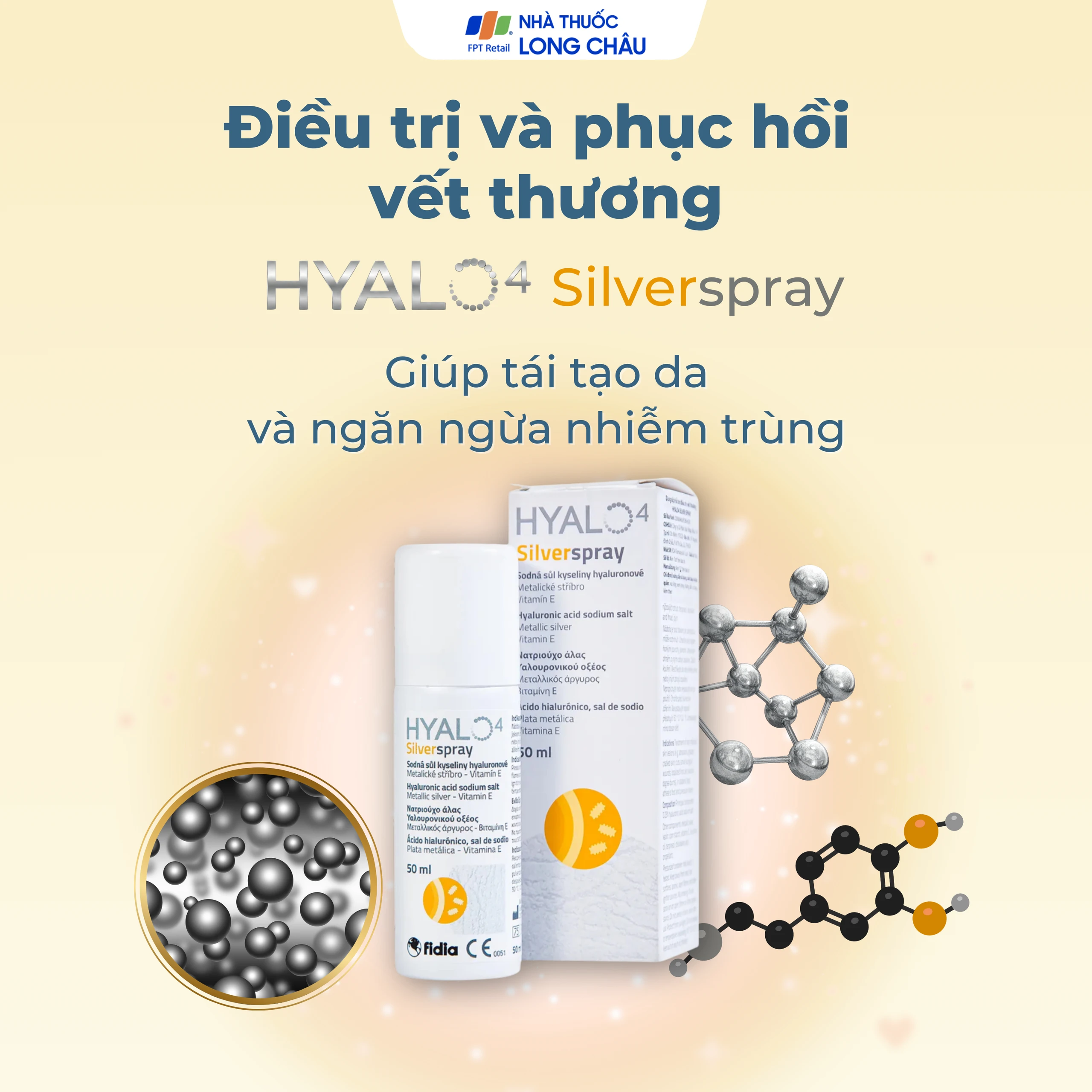 Xịt phủ vết thương, vết bỏng Hyalo4 Silver Spray 50ml giúp bảo vệ làm lành vết thương