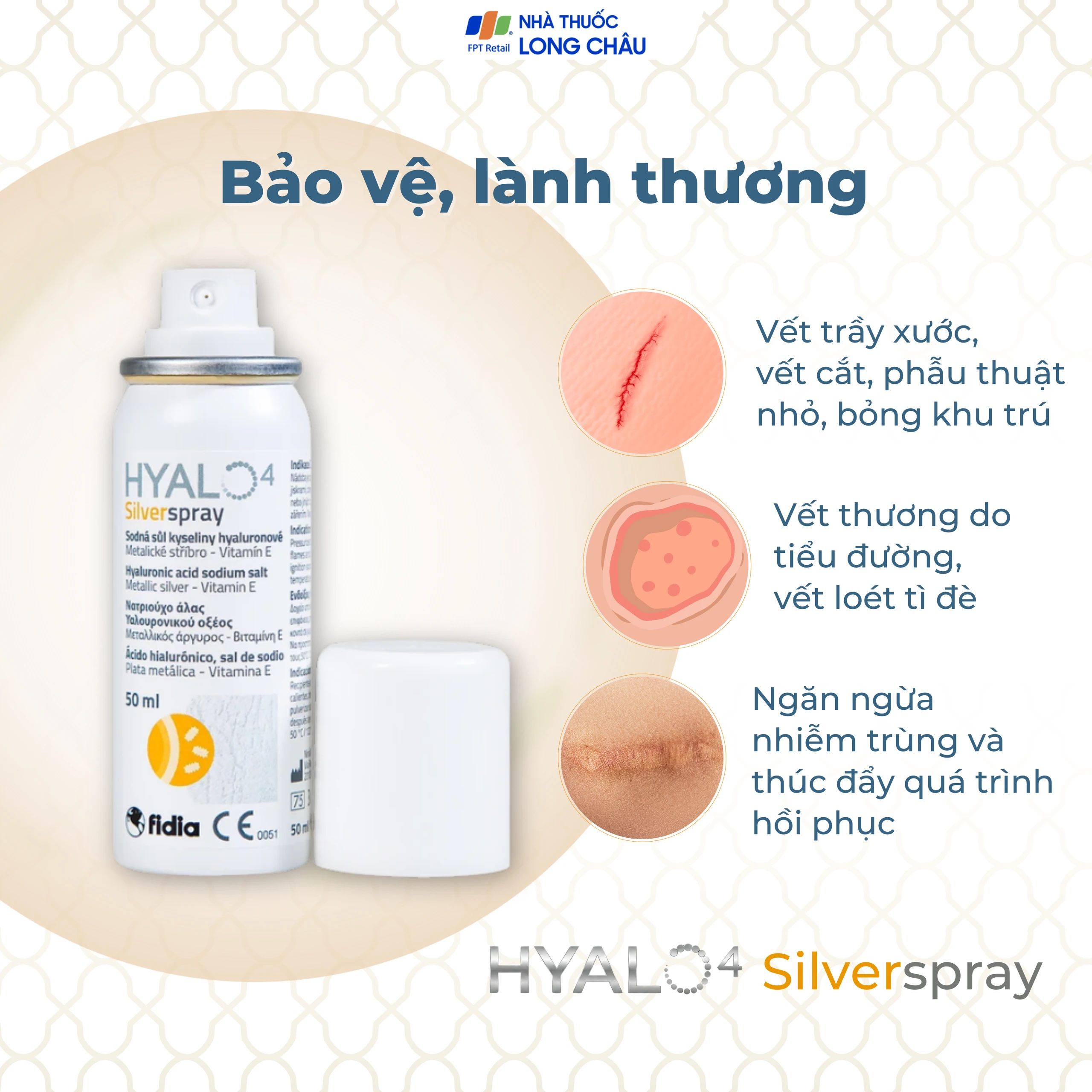 Xịt phủ vết thương, vết bỏng Hyalo4 Silver Spray 50ml giúp bảo vệ làm lành vết thương