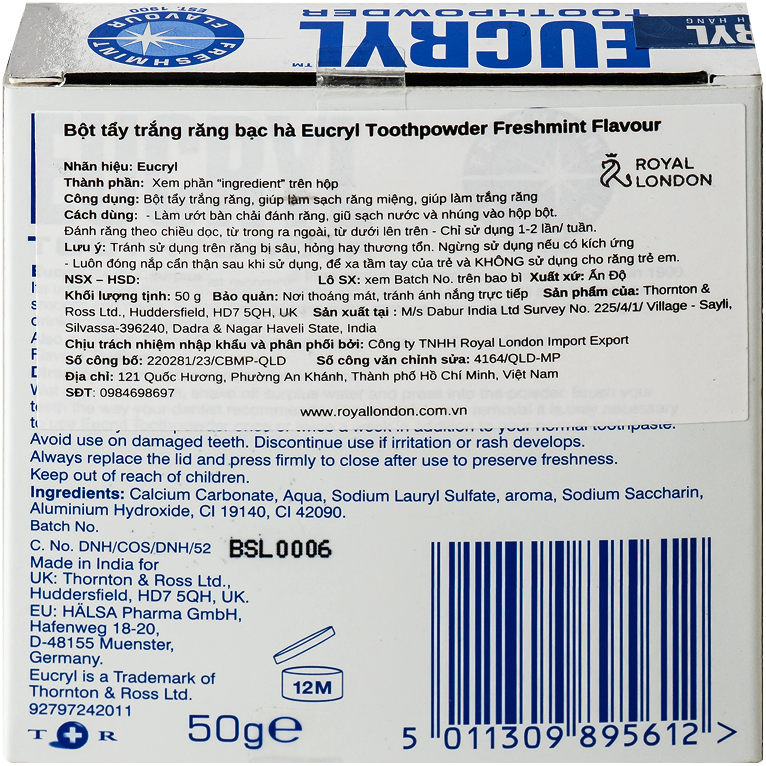 Bột tẩy trắng răng Eucryl Toothpowder Freshmint flavour loại bỏ vết ố vàng (50g) 3