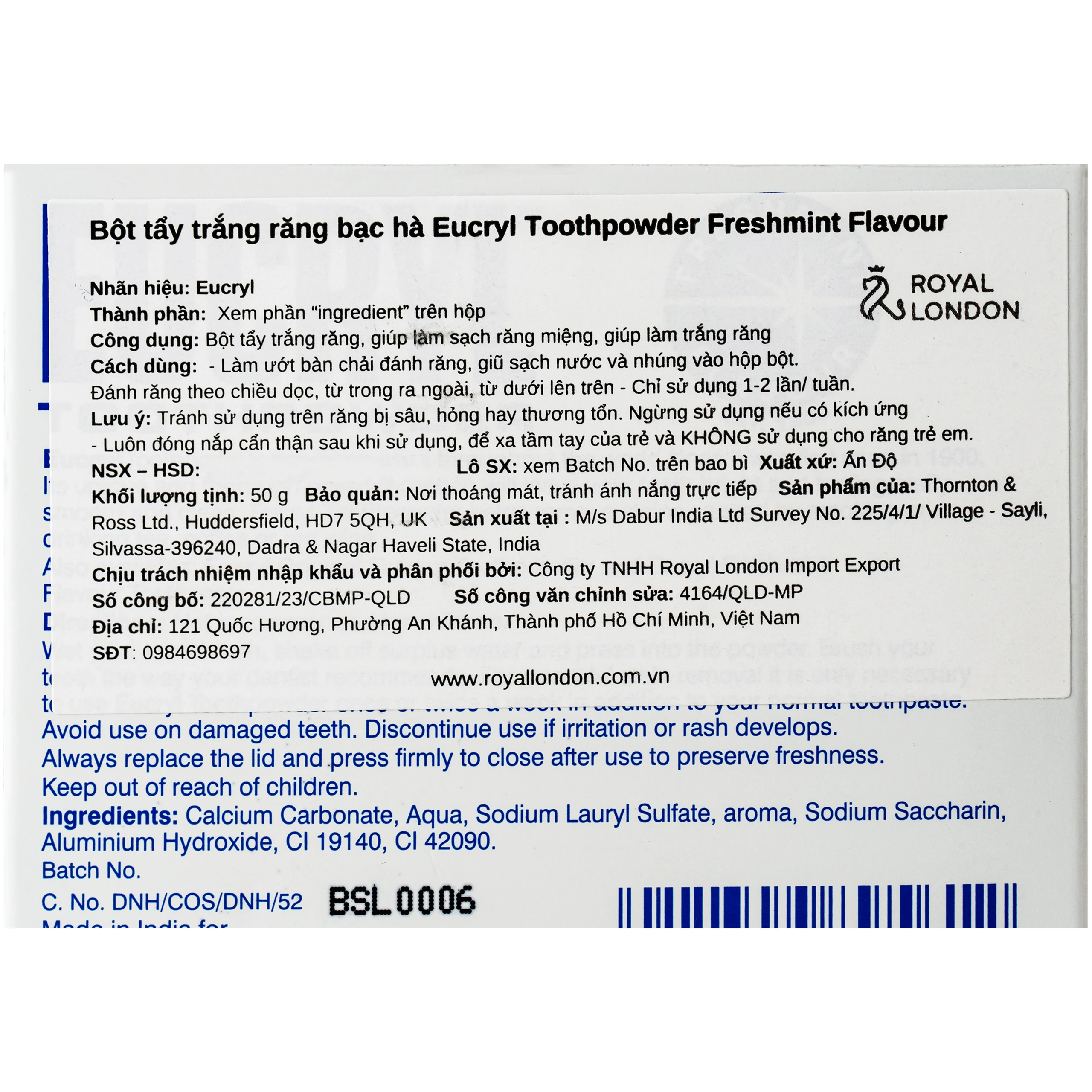 Bột tẩy trắng răng Eucryl Toothpowder Freshmint flavour loại bỏ vết ố vàng (50g) 5