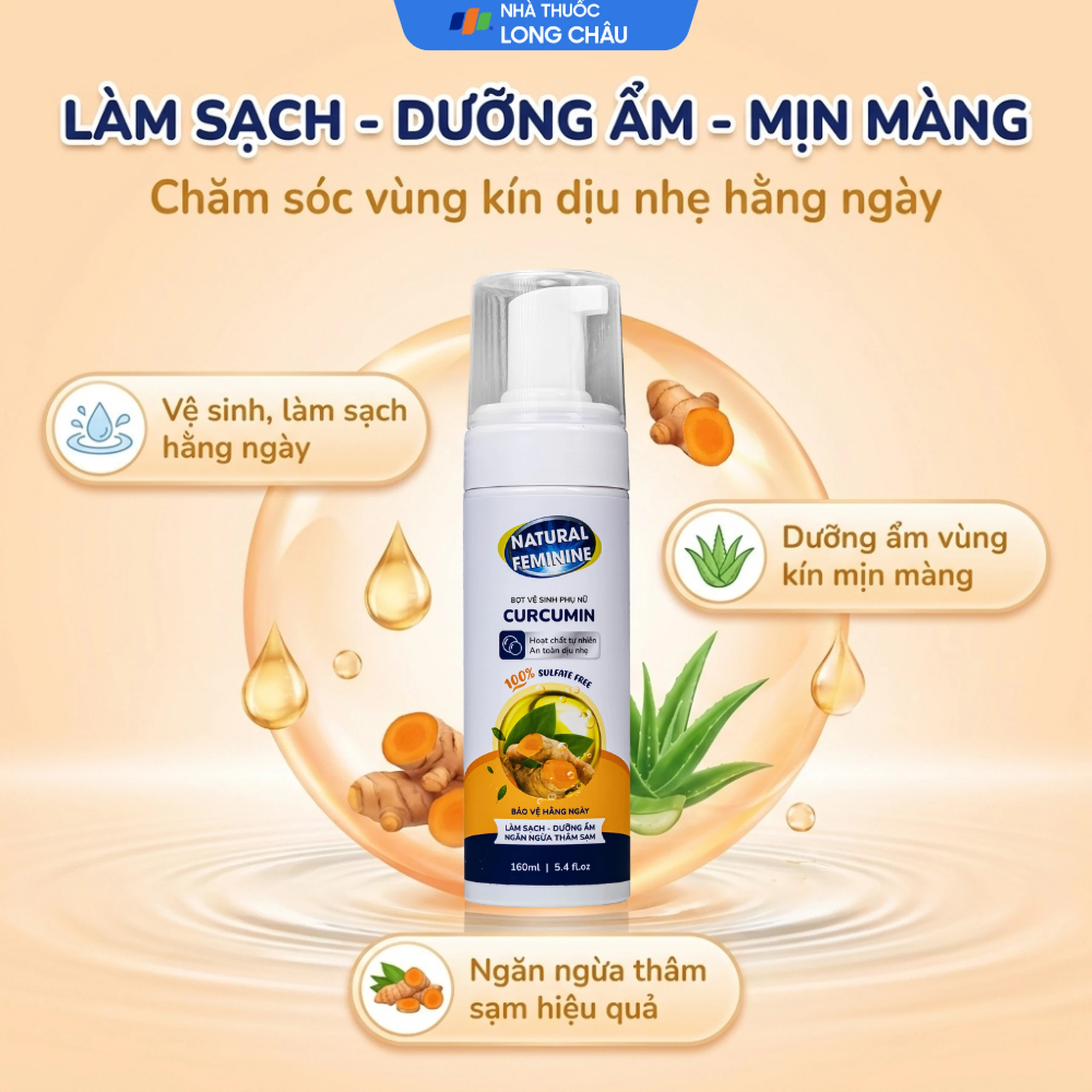 Dung dịch vệ sinh phụ nữ dạng bọt Natural Feminine Curcumin làm sạch, khử mùi, kháng khuẩn (160ml) 2