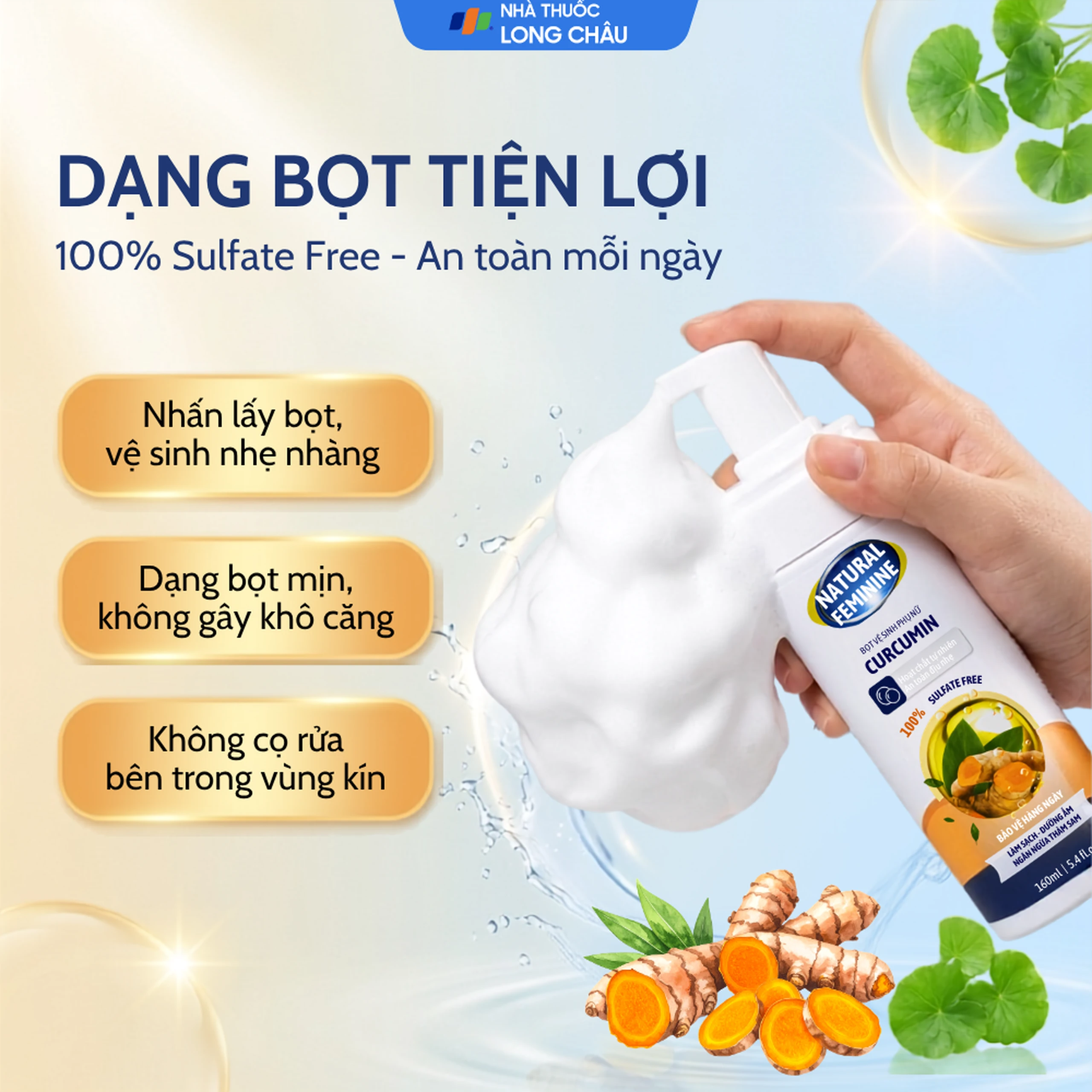 Dung dịch vệ sinh phụ nữ dạng bọt Natural Feminine Curcumin làm sạch, khử mùi, kháng khuẩn (160ml) 4