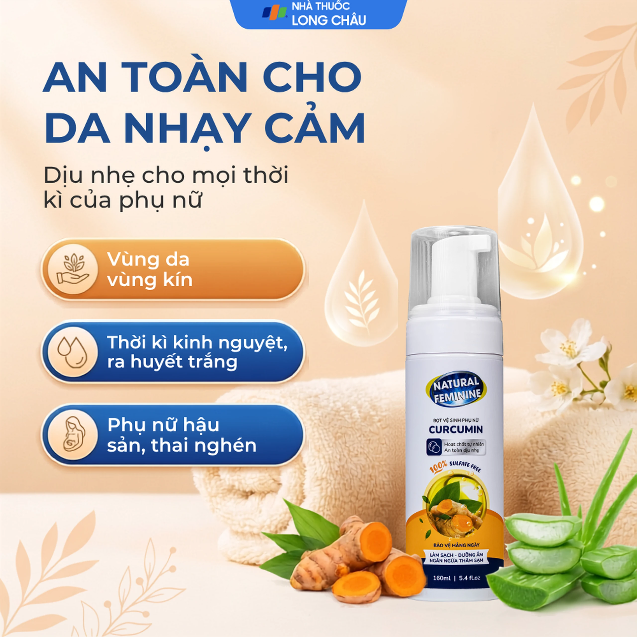 Dung dịch vệ sinh phụ nữ dạng bọt Natural Feminine Curcumin làm sạch, khử mùi, kháng khuẩn (160ml) 5