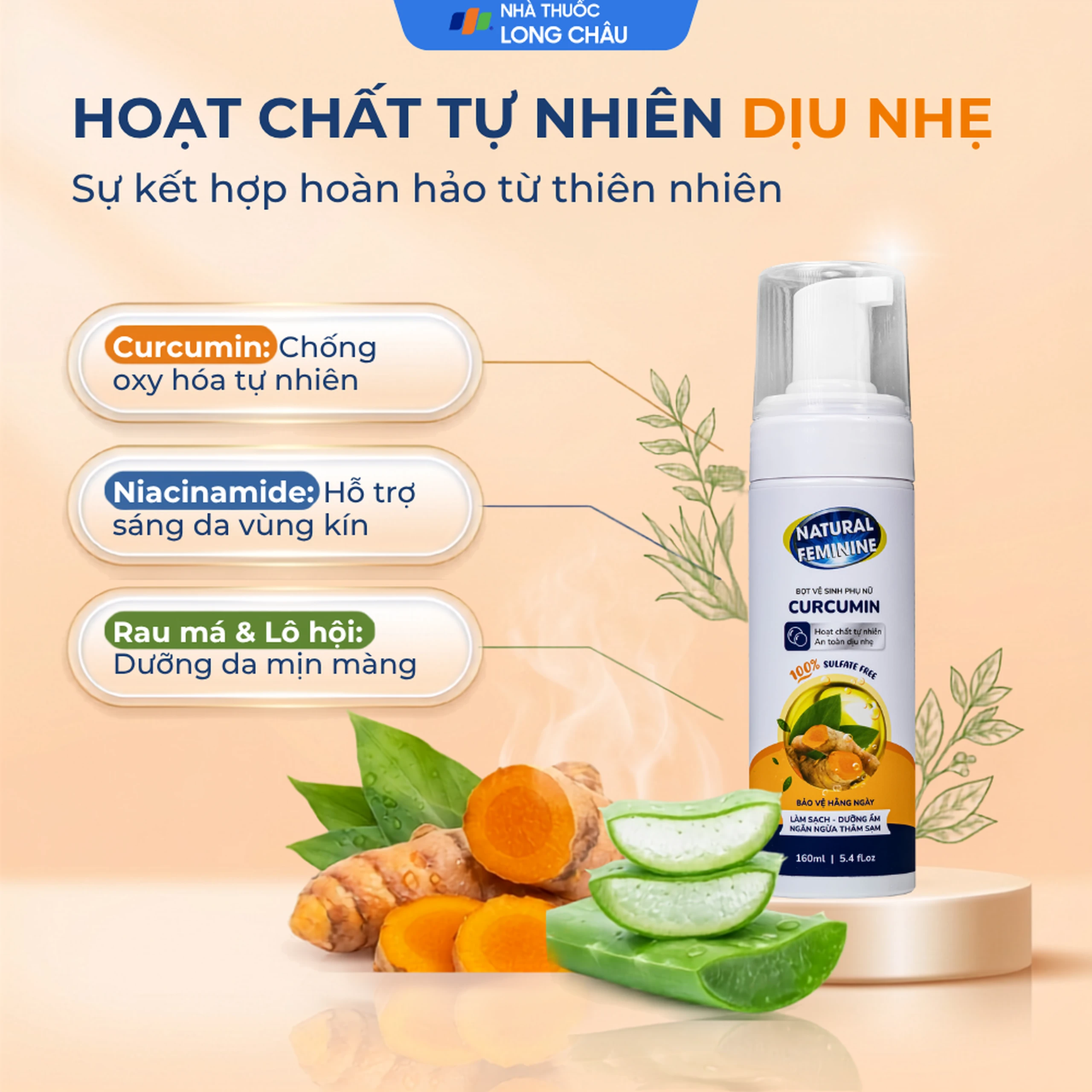 Dung dịch vệ sinh phụ nữ dạng bọt Natural Feminine Curcumin làm sạch, khử mùi, kháng khuẩn (160ml) 3