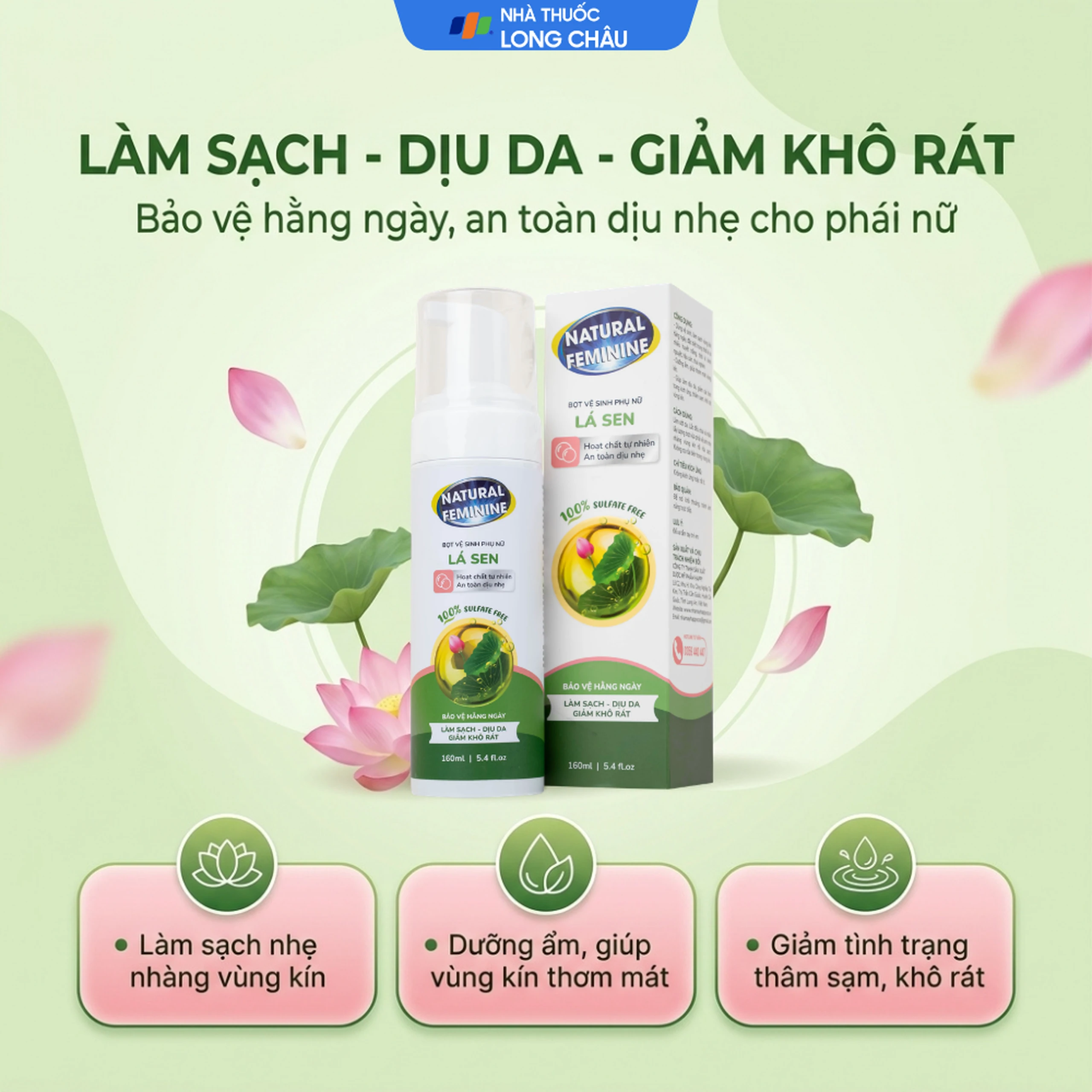 Dung dịch vệ sinh phụ nữ dạng bọt Natural Feminine làm sạch, không gây khô rát kích ứng (160ml) 2
