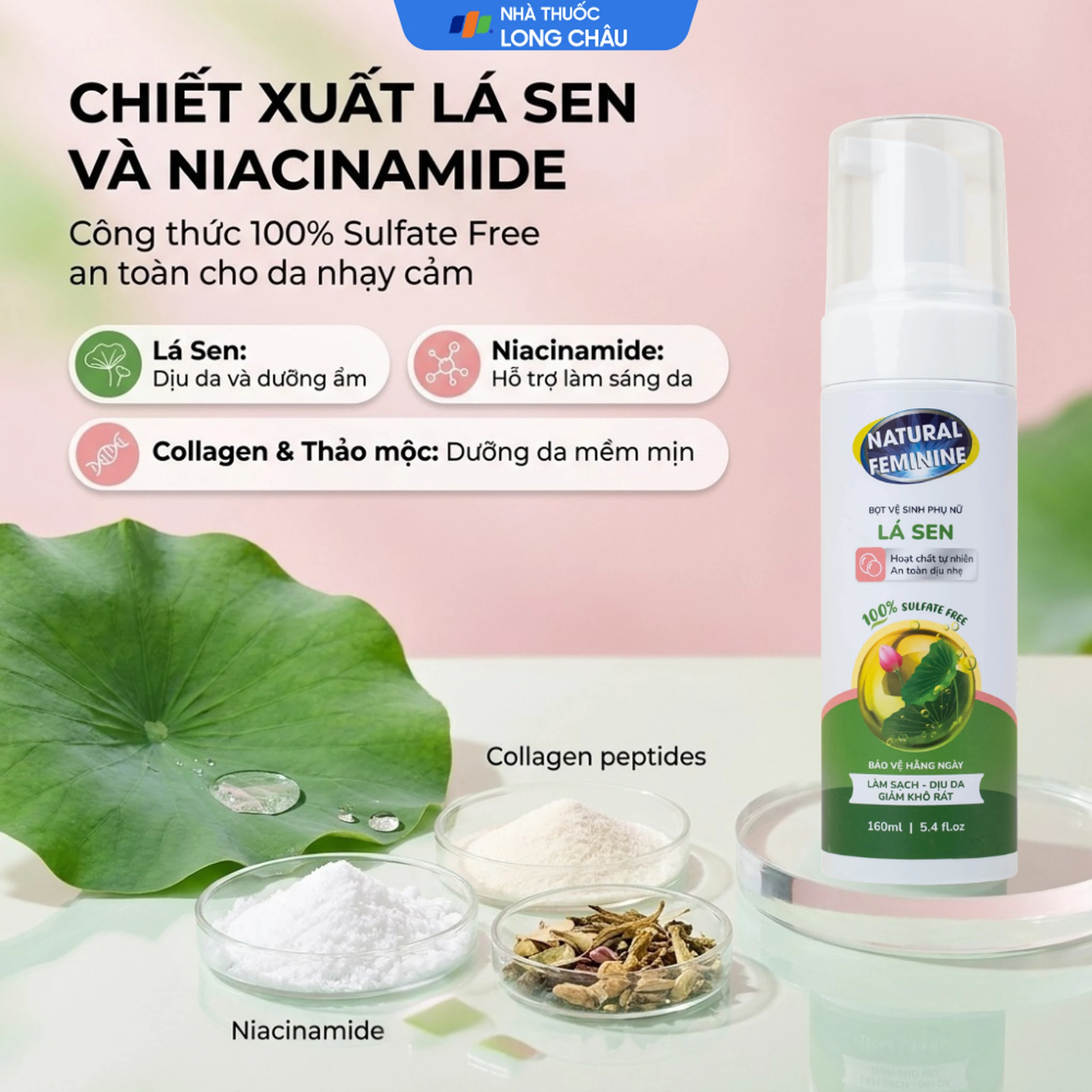 Dung dịch vệ sinh phụ nữ dạng bọt Natural Feminine làm sạch, không gây khô rát kích ứng (160ml) 3