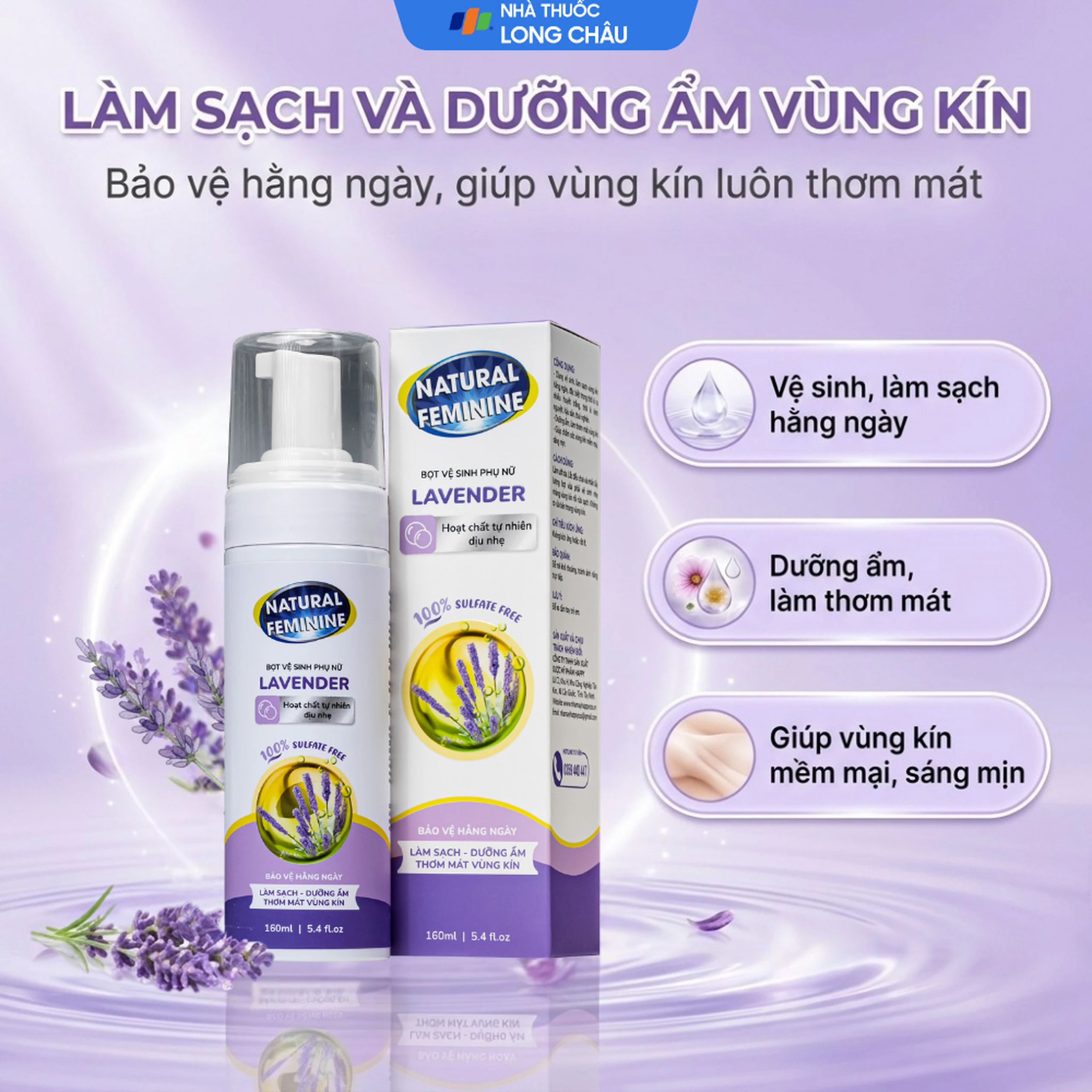 Dung dịch vệ sinh phụ nữ dạng bọt Natural Feminine Lavender làm sạch và bảo vệ vùng kín, duy trì cân bằng pH (160ml) 2
