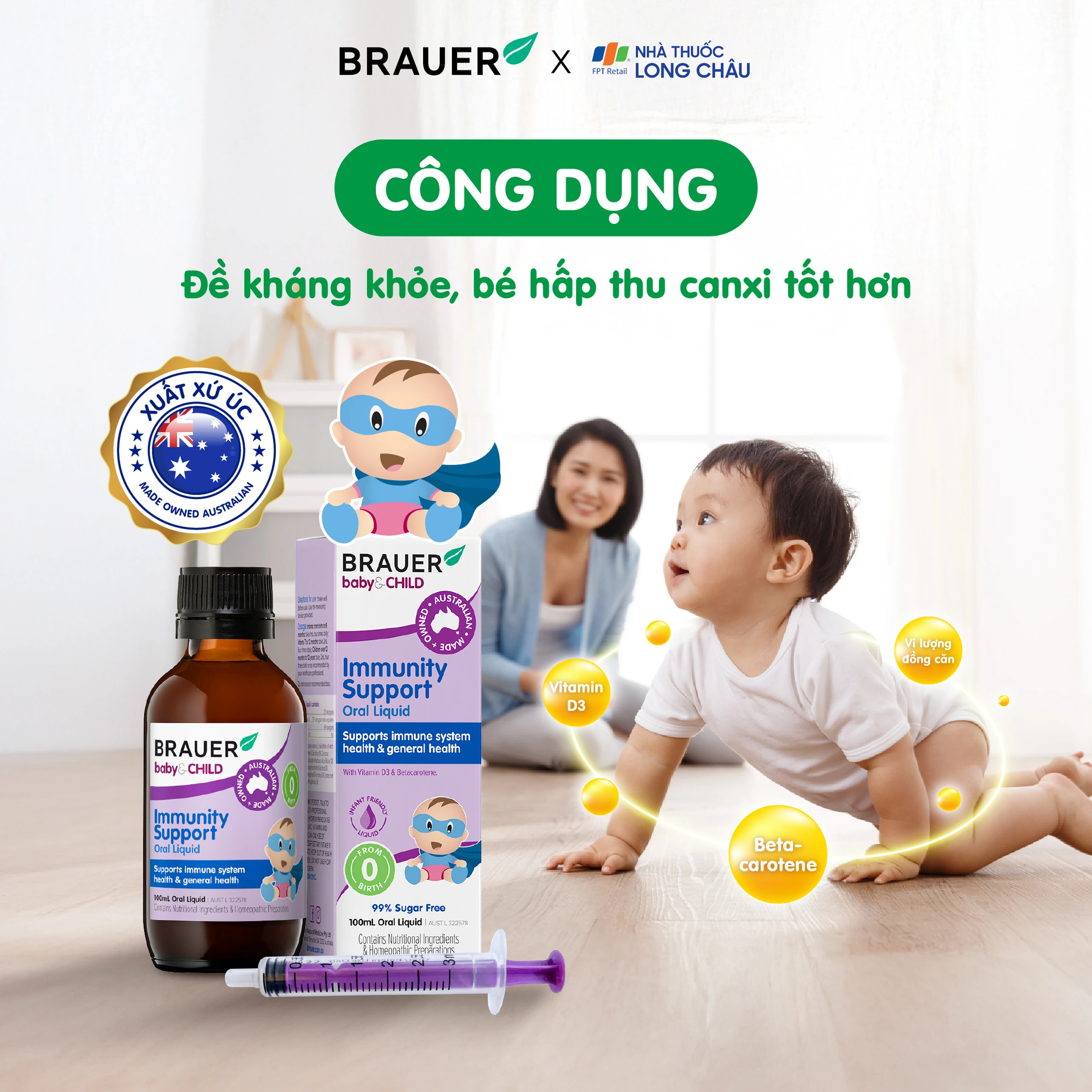 Siro bổ sung Betacarotene và Vitamin D3 giúp tăng đề kháng cho bé Brauer Baby & Child Immunity Support 100ml 2