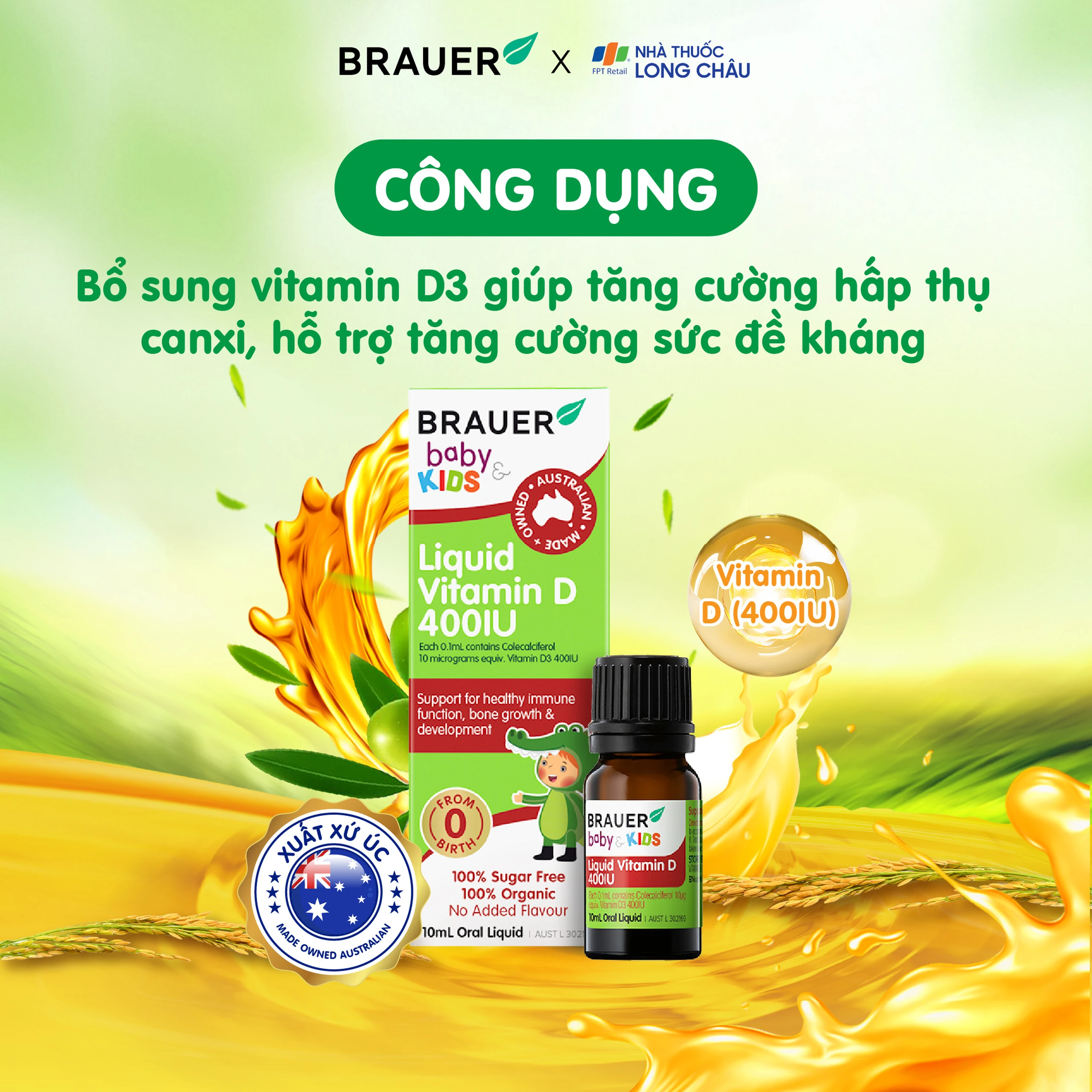 Siro bổ sung vitamin D3 tăng cường hấp thụ canxi Brauer Baby & Kids Liquid Vitamin D 400IU (10ml) 2