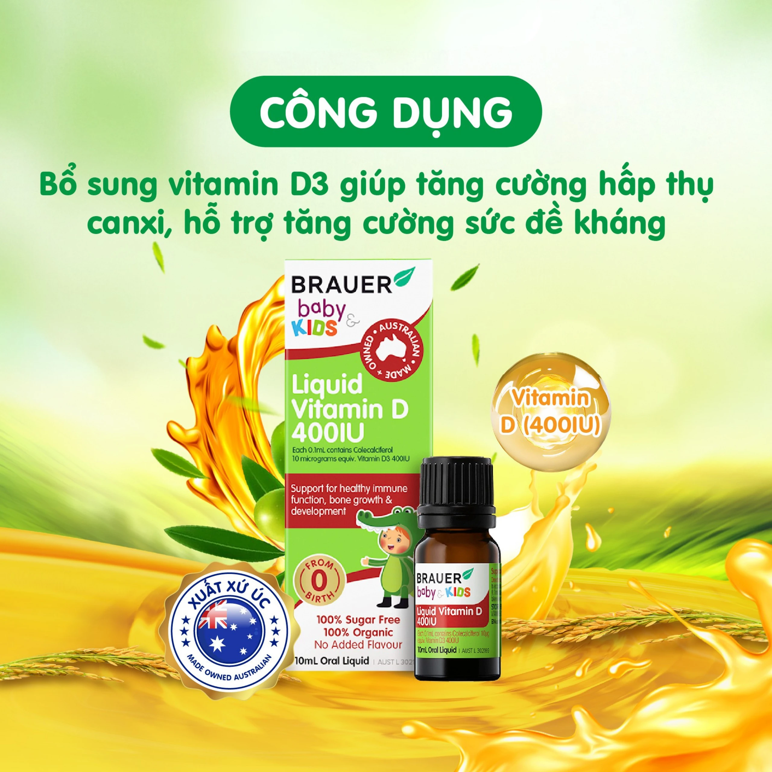 Siro bổ sung vitamin D3 tăng cường hấp thụ canxi Brauer Baby & Kids Liquid Vitamin D 400IU (10ml)