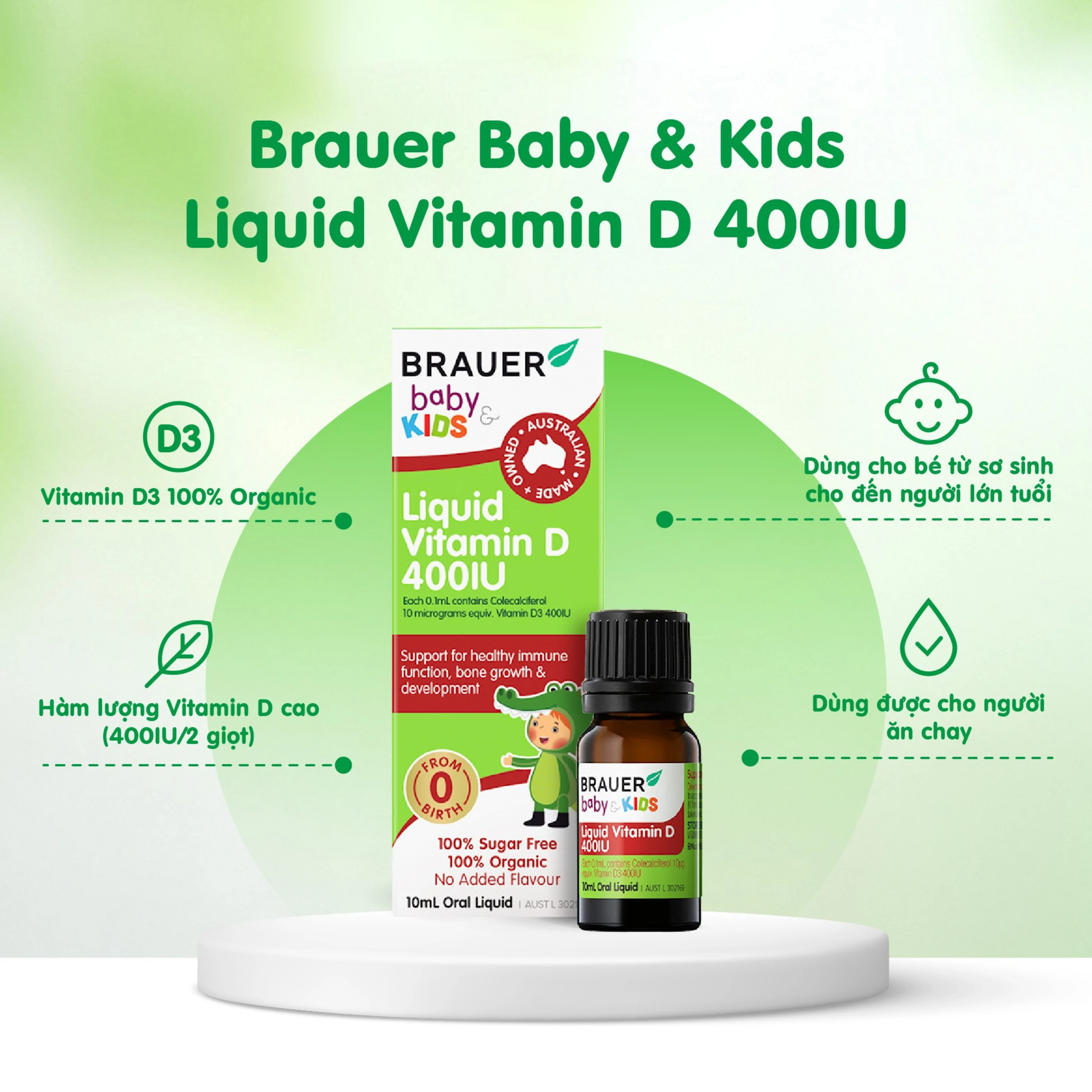 Siro bổ sung vitamin D3 tăng cường hấp thụ canxi Brauer Baby & Kids Liquid Vitamin D 400IU (10ml)