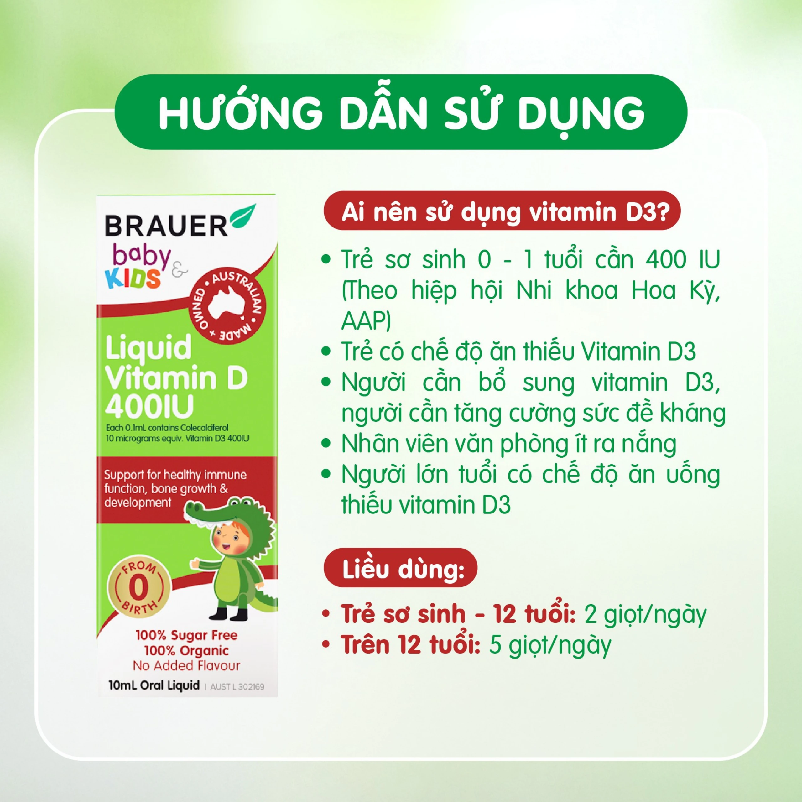 Siro bổ sung vitamin D3 tăng cường hấp thụ canxi Brauer Baby & Kids Liquid Vitamin D 400IU (10ml)