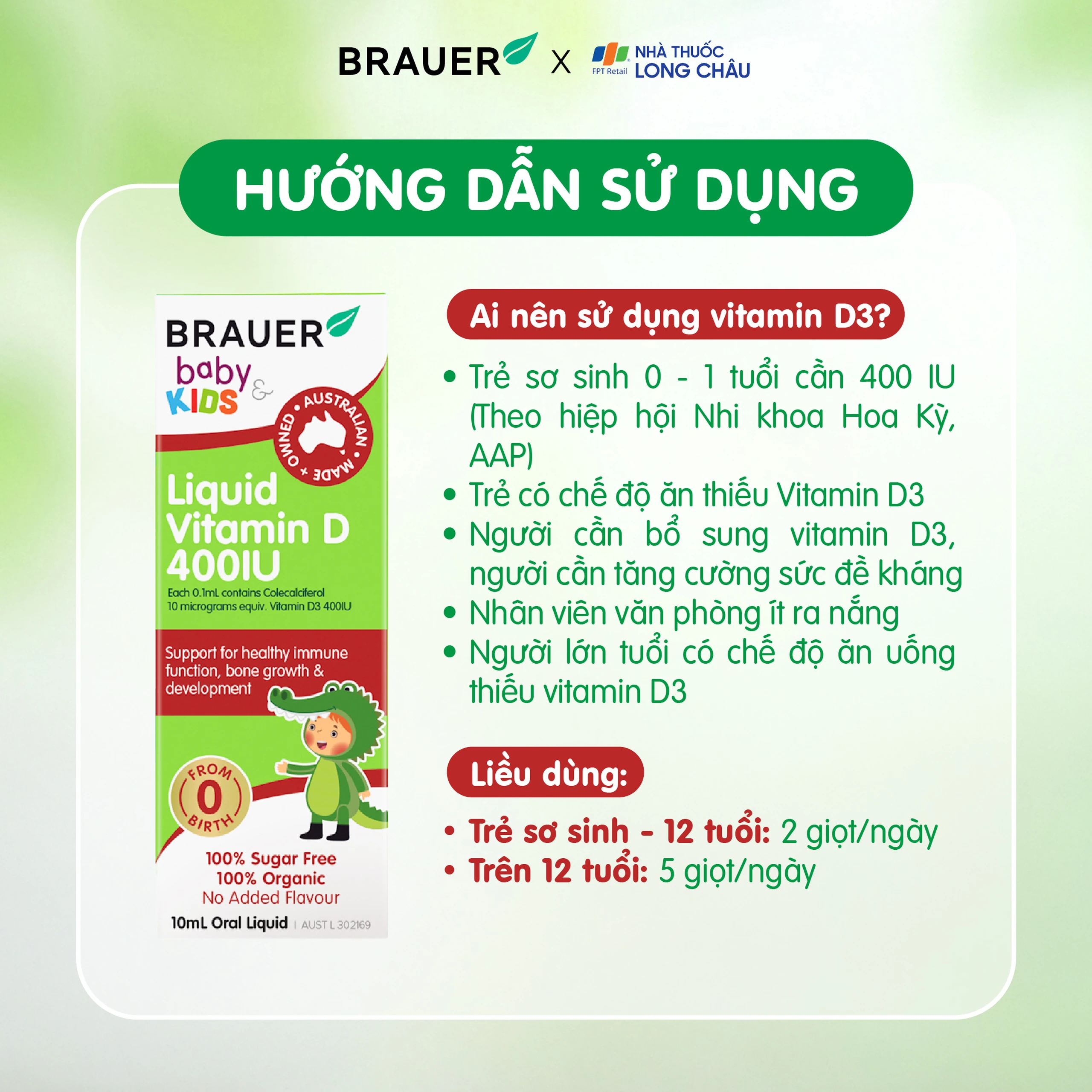 Siro bổ sung vitamin D3 tăng cường hấp thụ canxi Brauer Baby & Kids Liquid Vitamin D 400IU (10ml) 4