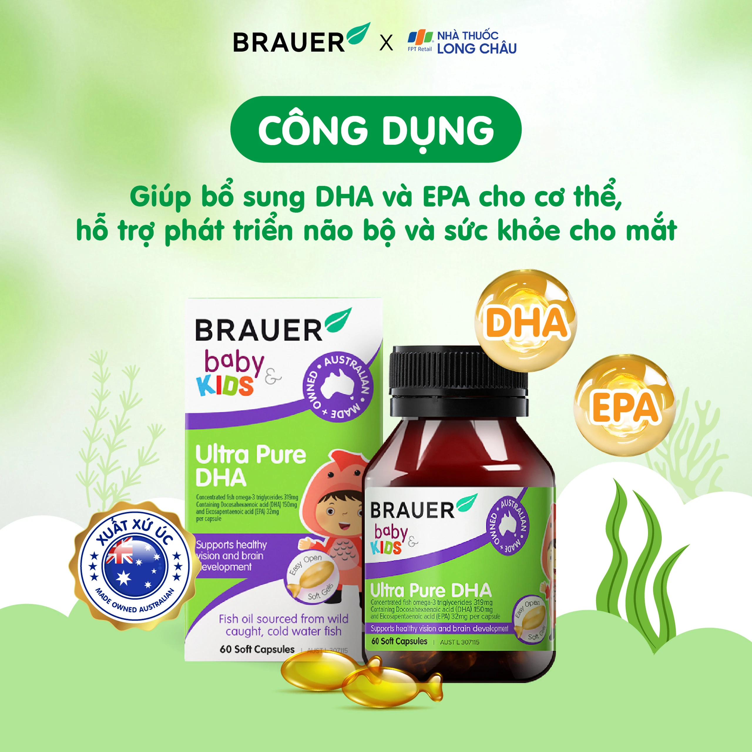 Viên hỗ trợ phát triển não bộ sức khỏe cho mắt Brauer Baby & Kids Ultra Pure DHA (60 viên) 2